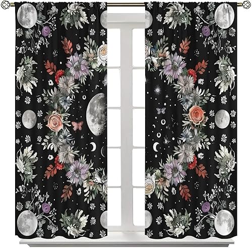 Miniatura 134 de Retro 70s Floral Blackout Window Curtains, Watercolor Flower Plant Rustic Modern Style Pattern Window Drapes, for Bedroom Living Room 42x45in 2