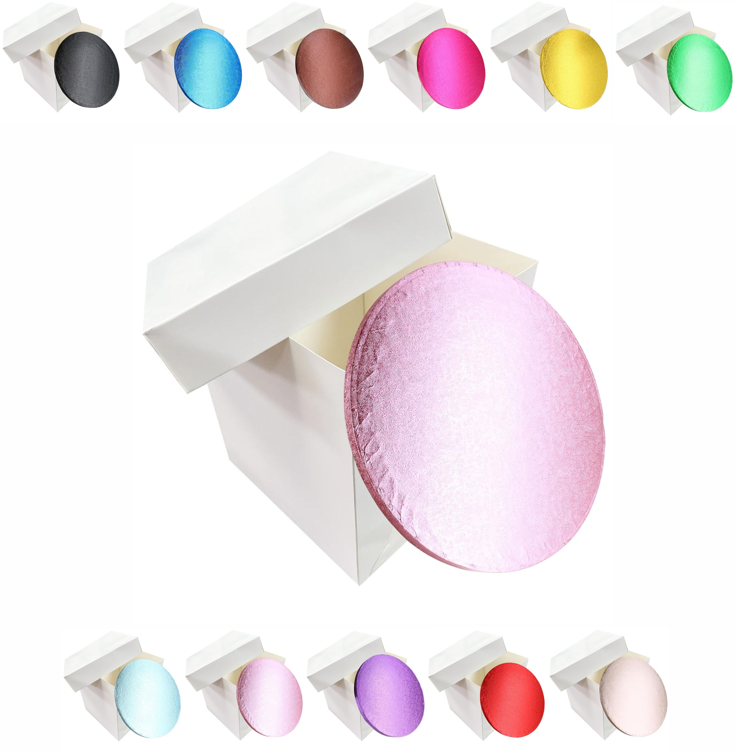 LARRYROO Tall White Extra Deep Cake Box + Lid & Round Colour Cake Drum Board Combo Pack for High Celebration, Wedding, Birthday Cakes (Light Pink, 10 Inch)