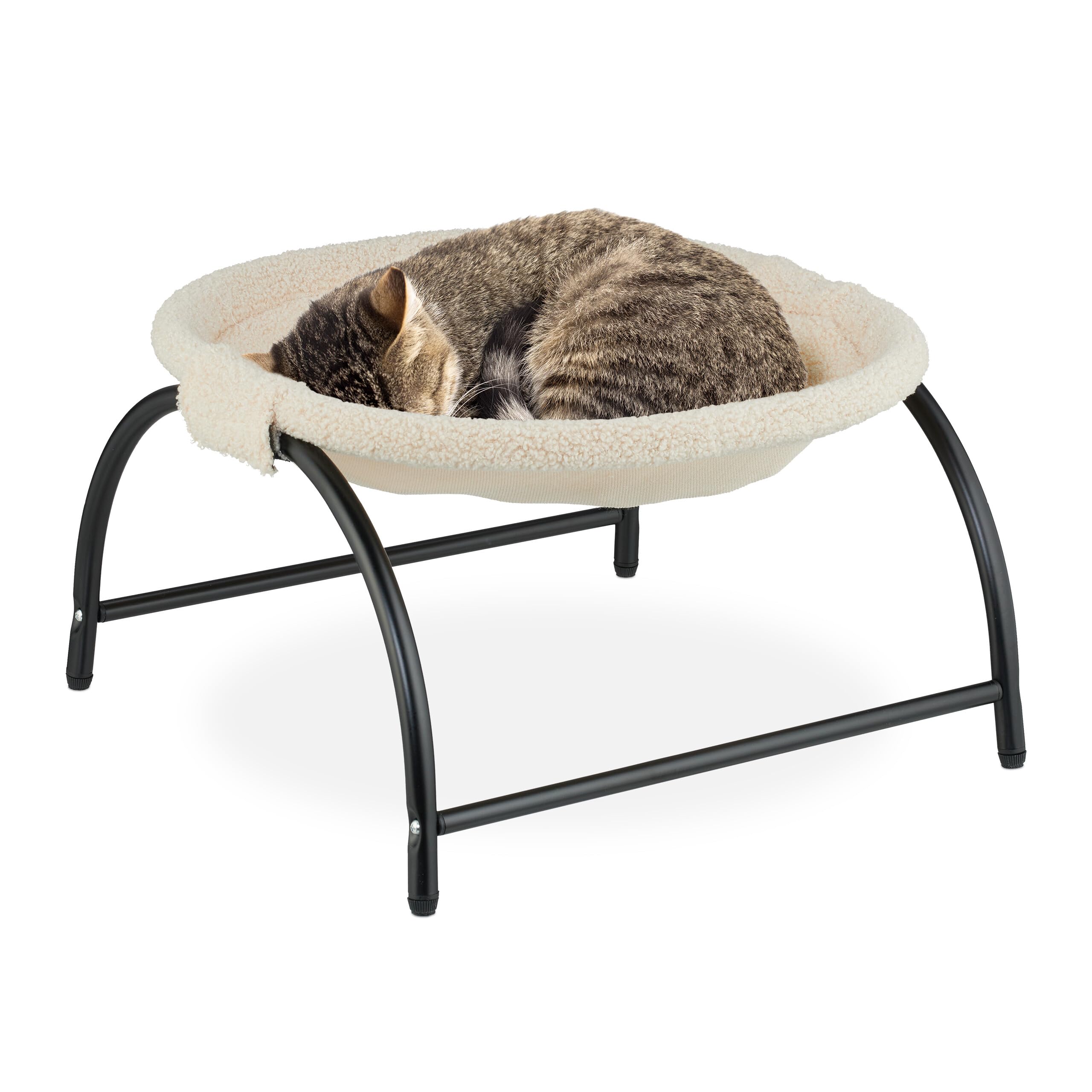 Relaxdays Cat Hammock Bed, Plush, Freestanding, Raised Pet Perch, HWD: 25 x 45 x 42 cm, Lounger with Stand, Beige/Black