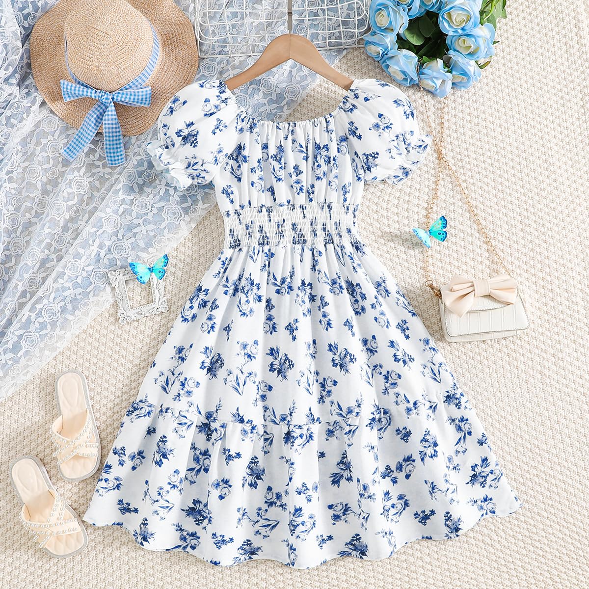 Floerns Abito estivo da ragazza Boho con stampa floreale a sbuffo a maniche corte una linea abito estivo con orlo a volant