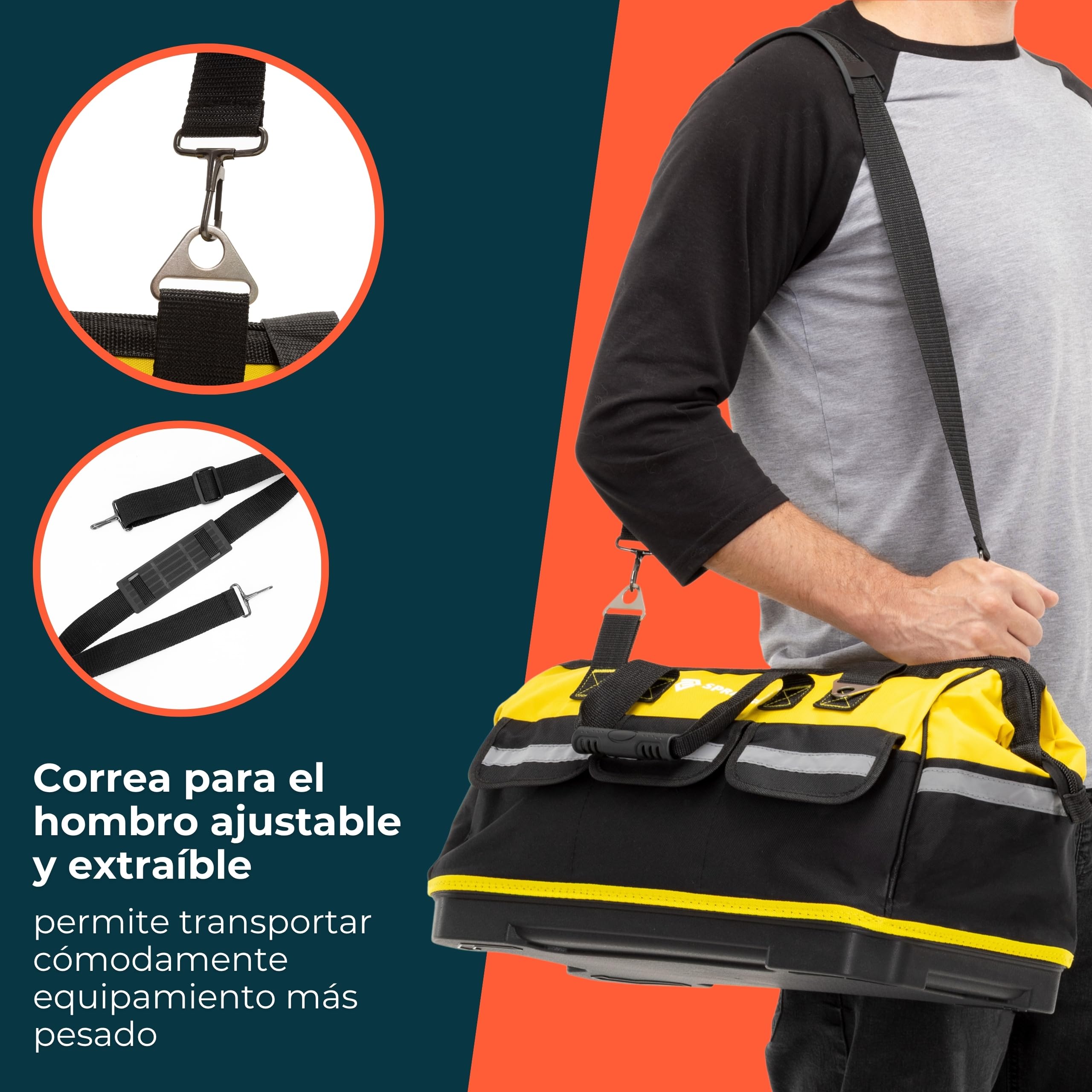 Bolsa de herramientas de 45 L 49 x 27 x 35 cm, gran bolsa de trabajo con muchos bolsillos interiores y exteriores, correa para el hombro, cremallera bidireccional y base de polietileno resistente para