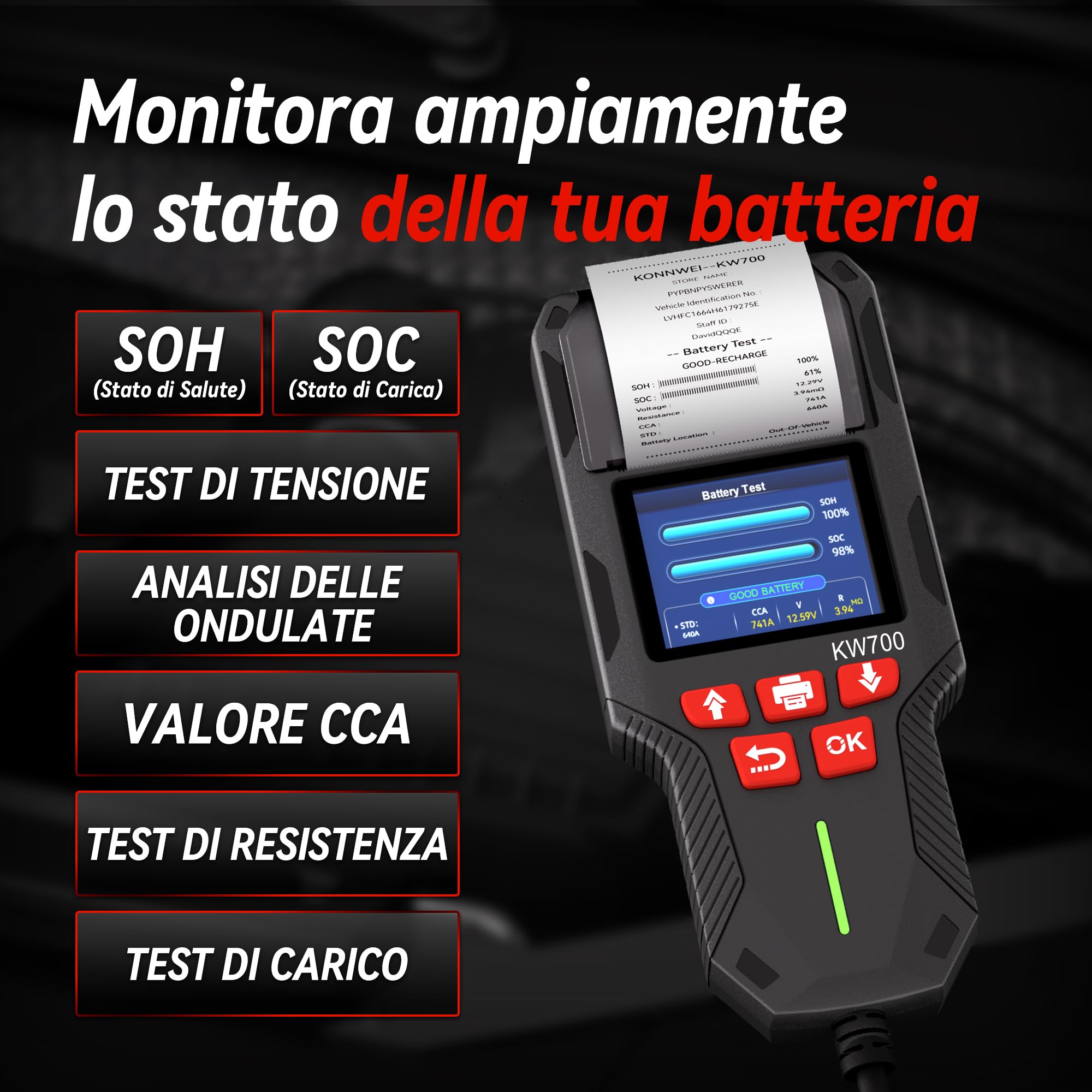 KONNWEI Tester Per Batteria Auto Con Stampante, 12v/24v, Tester Di Carico Della Batteria Automobilistica 10-2000 Cca, Test Di Avviamento E Ricarica, Tester Alternatore Per Auto, Camion(Carta Inclusa)
