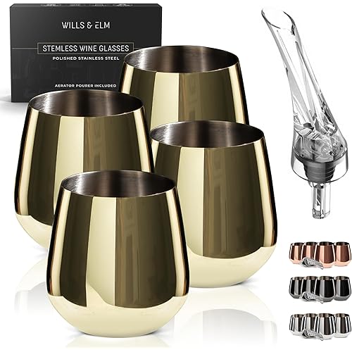 Gold Wine Glasses - Stemless Stainless Steel Wine Glasses Set of 4 with Aerator - Unbreakable Metal Glass for Outdoor, Travel, Camping, Pool, Golden Goblet - 18oz