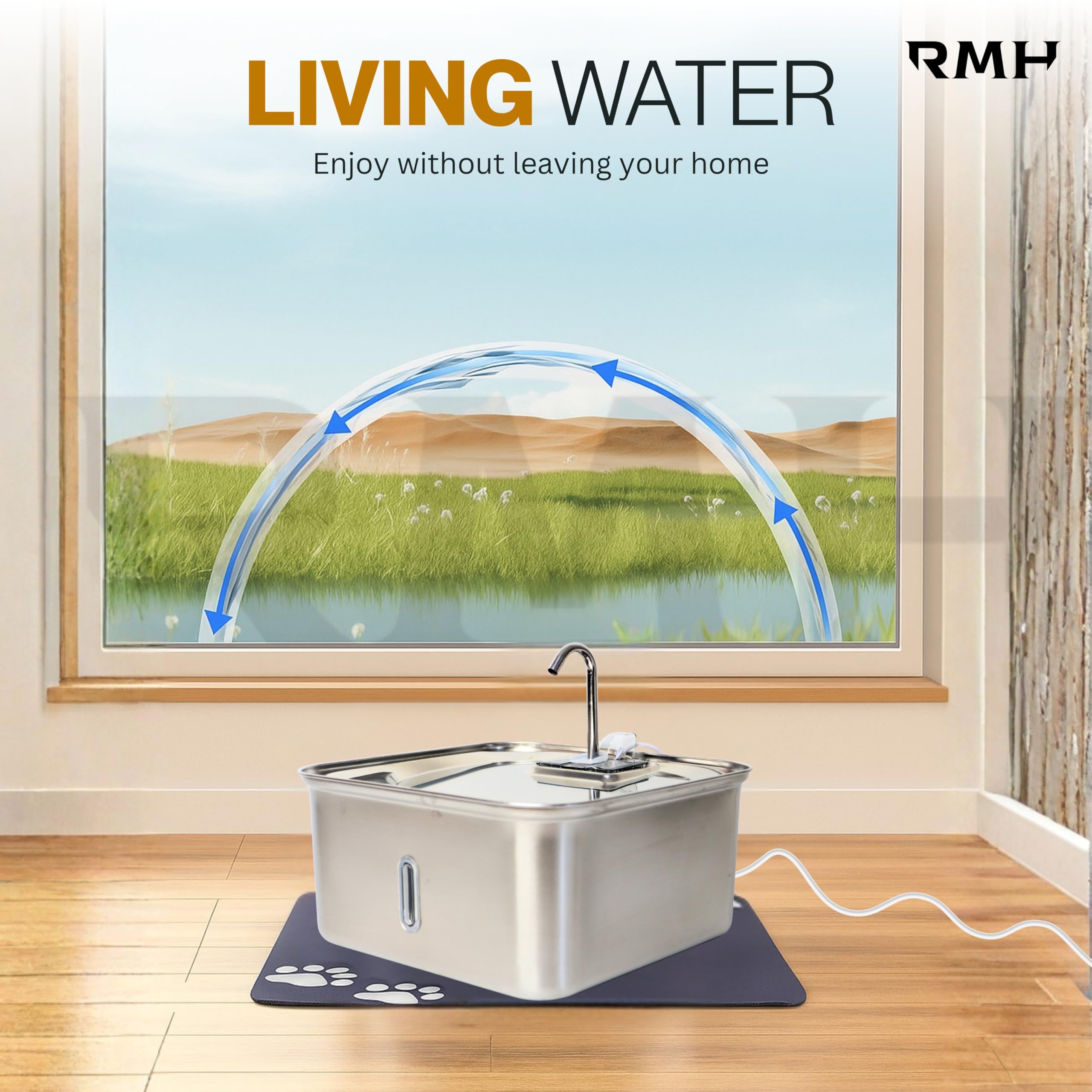 Fuente de agua para mascotas de acero inoxidable de 7 litros, dispensador de agua automático ultrasilencioso para gatos y perros con doble filtro, alfombrilla antideslizante impermeable y gran