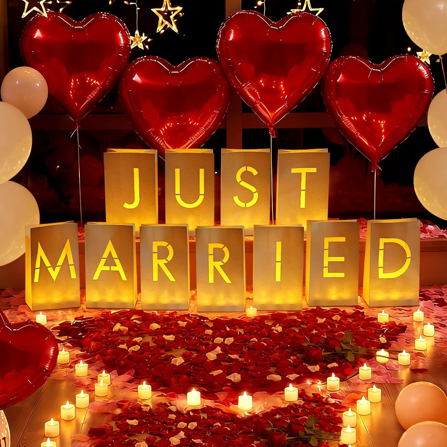 Just Married Luminary Paper Bags with LED Tea Lights Flameless Candles