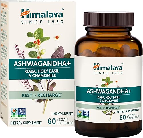Himalaya Ashwagandha+, con GABA, albahaca sagrada y manzanilla para restablecer, relajación y alivio del estrés, vegano, sin gluten, 540 mg, 60