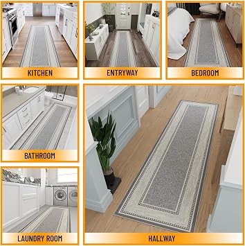 Ottomanson Hallway Runner Rug 2'7 x 9'6 Non Slip Rubber Backed Carpet Runner for Hallways, Entryway, Living Room, Long Low Pile Indoor Floor Runner Rug, Border Light Gray
