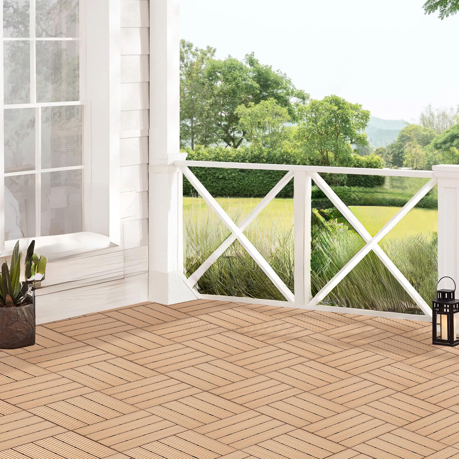 Płytki tarasowe WPC 30 x 30 cm, w kolorze tekowym, 55 sztuk (5 m²) z systemem zatrzaskowym, nadają się do wody, płytki o wyglądzie drewna, na balkon i taras, łatwe do ułożenia (WPC, płytki na