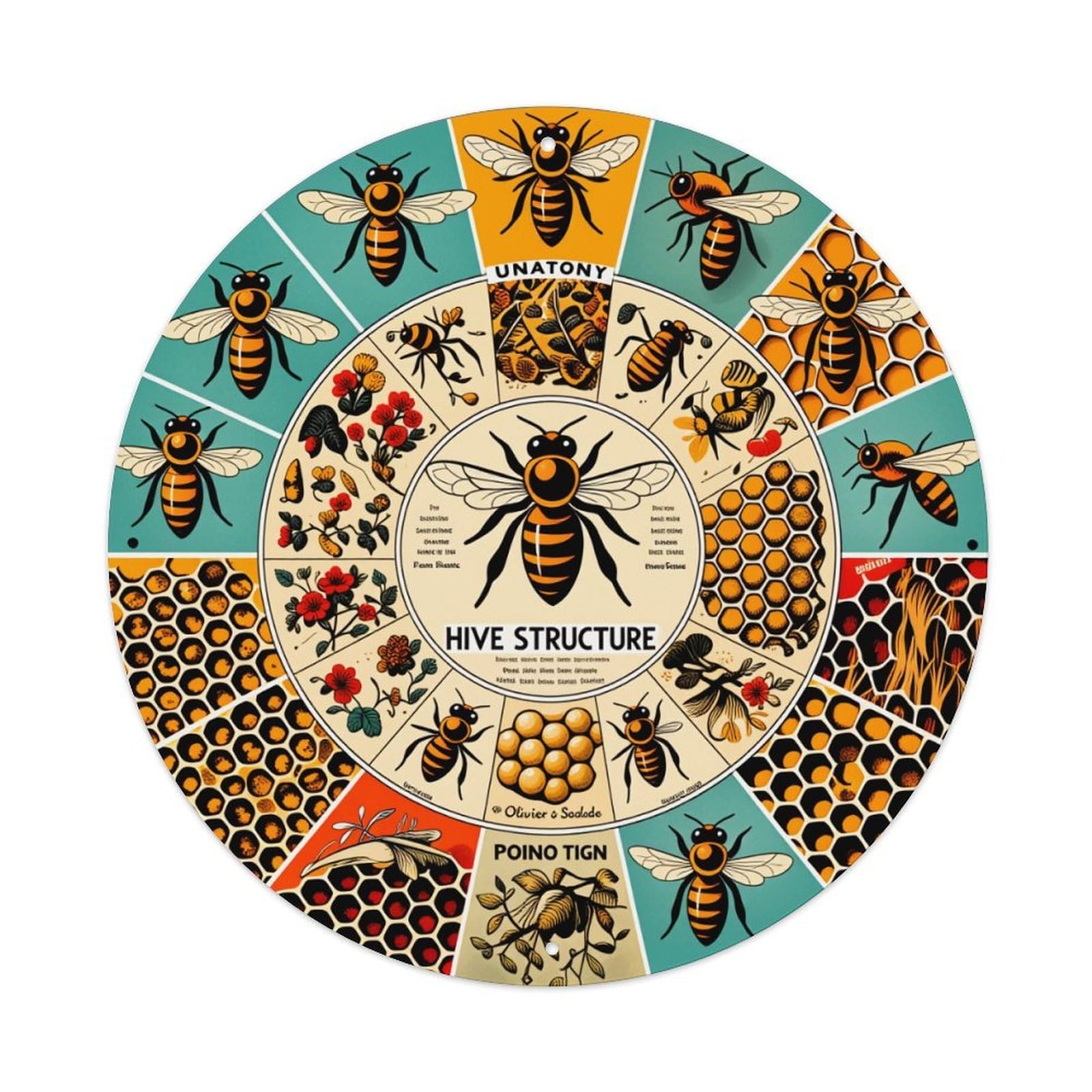 Bee Hive Structure Pattern Art Round Tin Sign Vintage Style Metal Sign Home Bar Garden Wall Plaque Decor Metal Poster 8x8 Inch