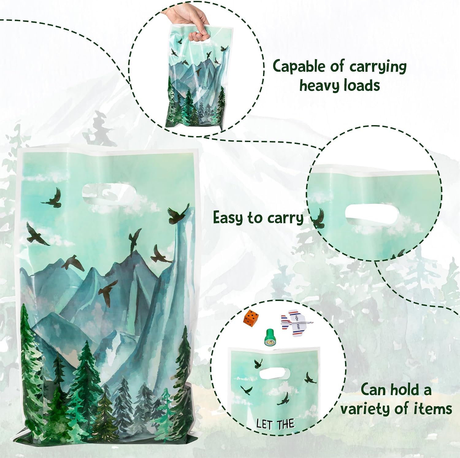 ANGOLIO 50Pcs Let the Adventure Begin Party Favor Bags, Adventure Tour Plastic Loot Gifts Bags, Camping Goody Candy Treat Packaging with Handles for Kids Camping Tour Themed Birthday Party Supplies