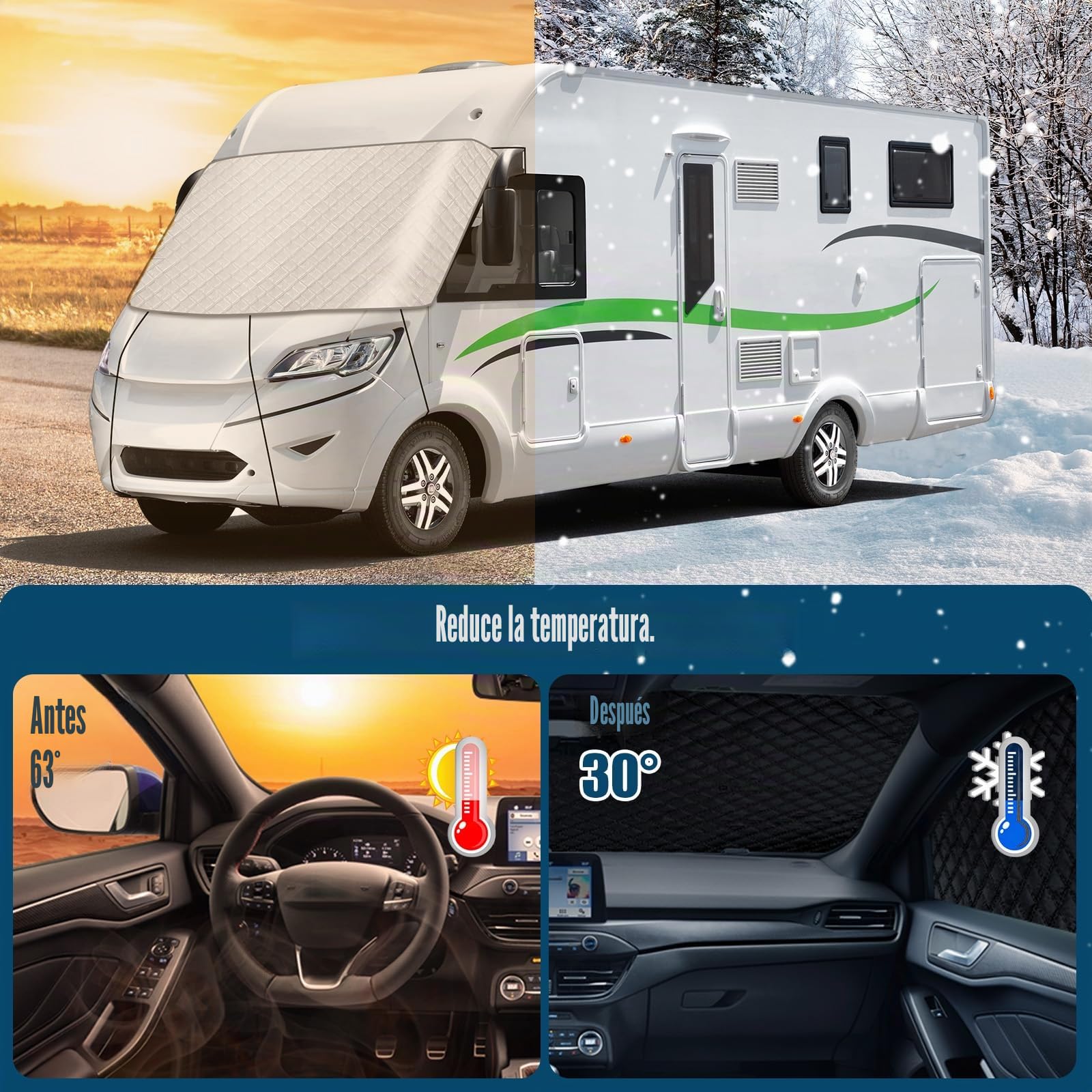 Funda para Parabrisas de Coche para Autocaravanas integradas, Funda Envoltura de Parabrisas de Lujo 600D para Clase A, Impermeable, Nieve, Hielo, Escarcha, Polvo, Sol (Plata)