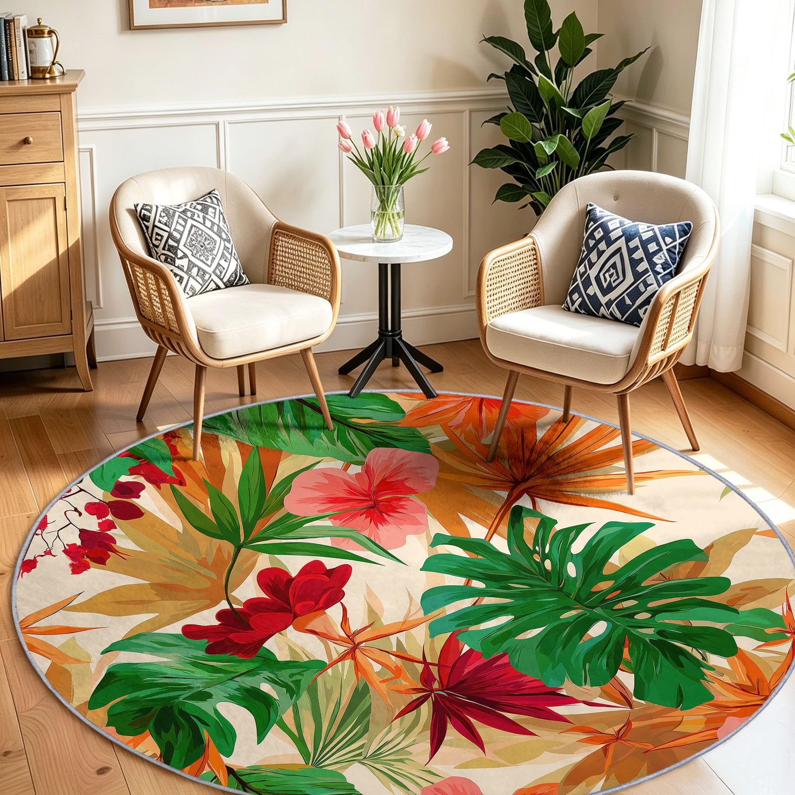 Tapis rond lavable salon 200 cm aux motifs de plantes tropicales