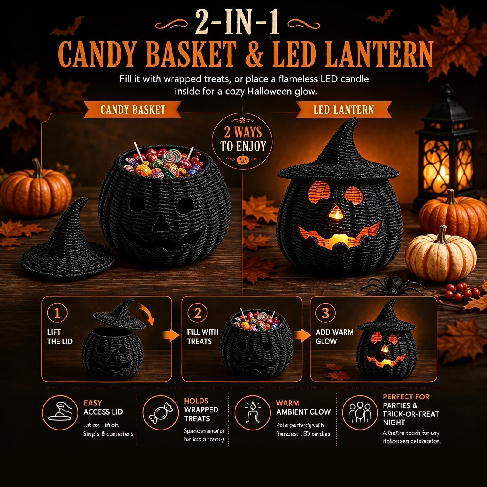 Dekoracyjny Pleciony Kosz Dyniowy Pojemnik Do Przechowywania Halloween Ze | Kosz na cukierki imprezowy do domu, salonu, biurka, kominka, stołu jadalnego, przedpokoju, ganku, przyjęcia