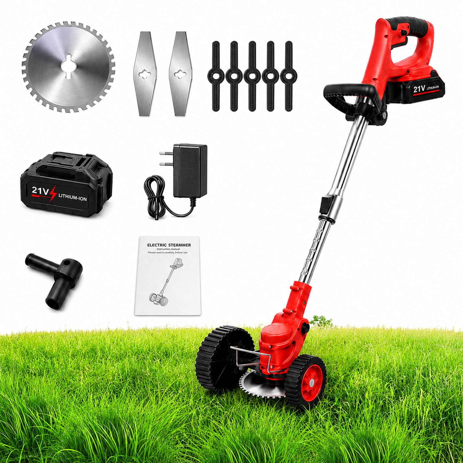 Cortabordes Sin Cable con Disco Sierra de 15 cm y Soporte con Ruedas Red-10-CellBattery | La batería desmontable permite trabajar sin alargadores alrededor de árboles, senderos, cercas y terrazas