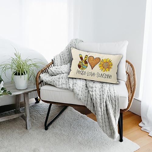 Miniatura 2 de Funda de almohada rústica de lino con diseño de flores de verano y paz, amor, sol, regalos para amantes del sol, para decoración del hogar,