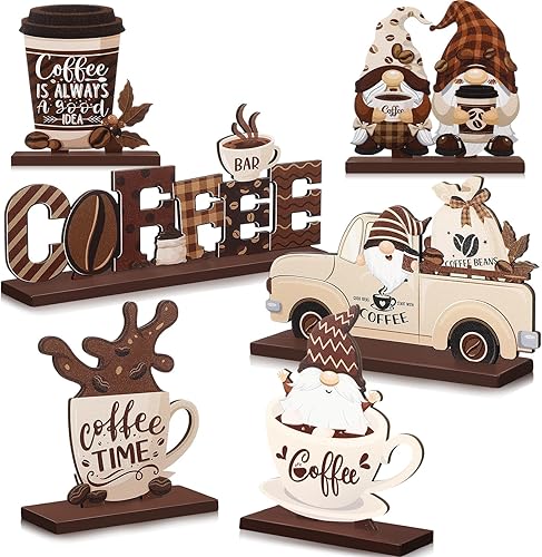 Blosssound 6 Pcs Coffee Bar Decor Sign Coffee Bar Accessories Farmhouse Gnomes Rustic Table Centerpiece Wood Tiered Tray Decor Table Signs for Home
