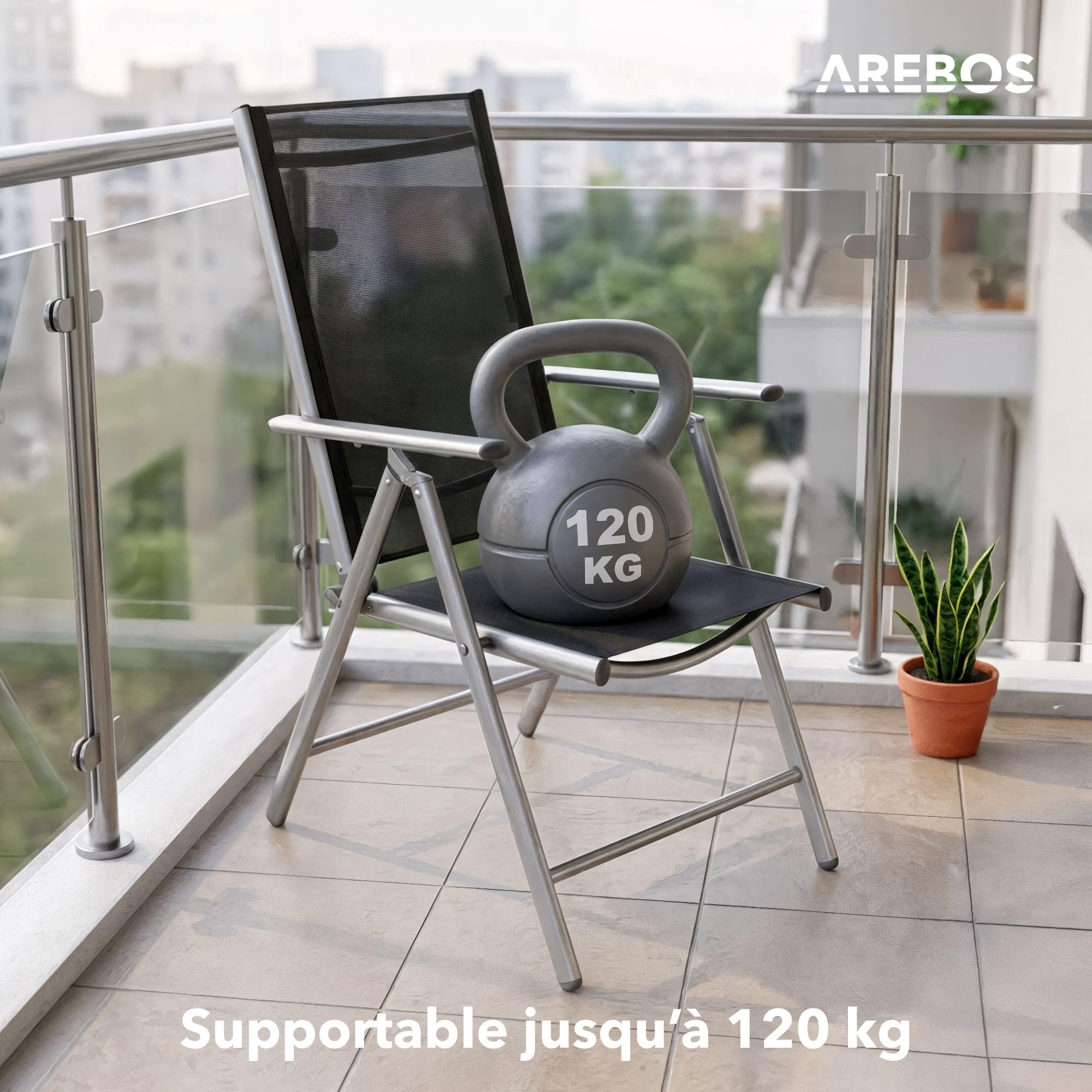 AREBOS Lot de 4 Chaises de Jardin Pliables à Dossier Haut | Dossier Réglable 7 Positions Jusqu’à 150° | Aluminium | Résistantes aux Intempéries et UV | Charge 120 kg