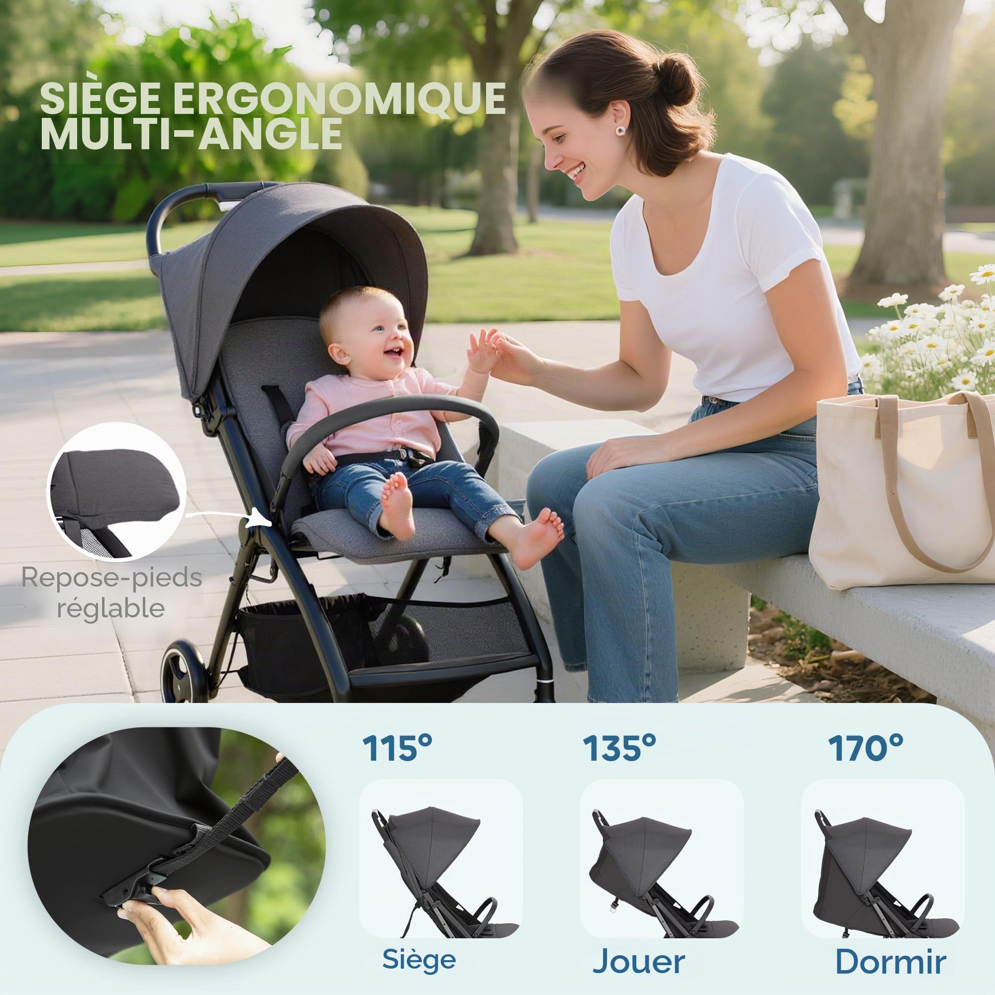 AIYAPLAY Poussette légère 6,3 kg pliable d'une main Gris | 0-3 ans, inclinaison compacte, repose-pieds réglable, auvent, roues, panier de rangement, jusqu'à 15 kg