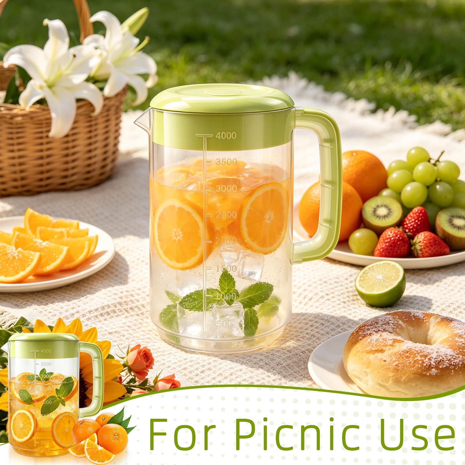 Nexboraque Paquete de 2 jarras coladoras de plástico de 1 galón con tapa, jarra de agua grande con asa y medidas para bebidas frías, jarra de té helado para limonada, leche, jugo, bebidas, verde