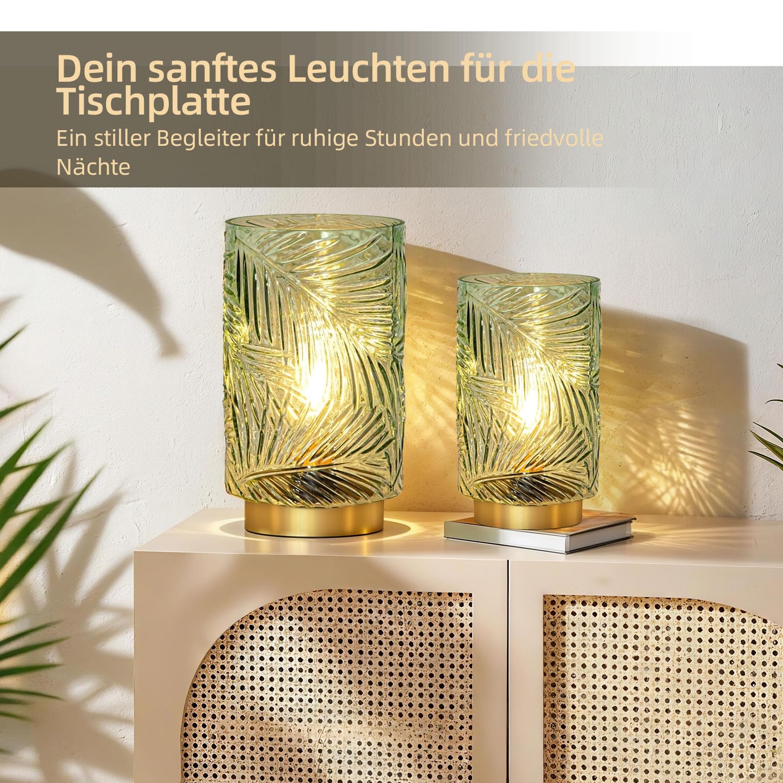 MJ PREMIER Tischlampe Kabellos, Mobile Tischleuchte Glas Tischlampe mit Timerfunktion, Dekorative Batteriebetrieben Nachttischlampe, Glaslampe ohne Kabel für Schlafzimmer Wohnzimmer (L-Hellgrün)