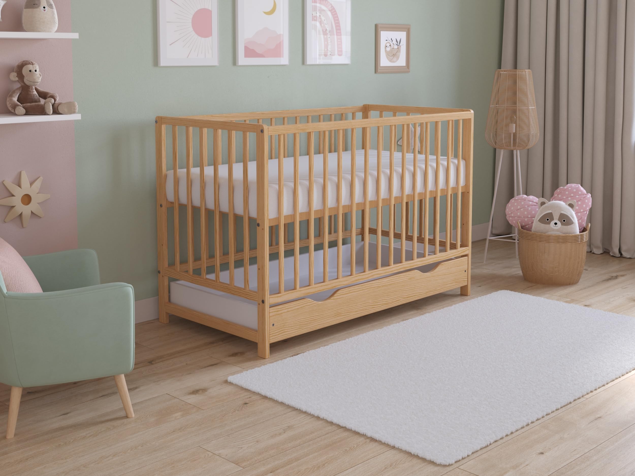 Love For Sleep ASHER Lettino per Neonati 120x60 cm con Materasso in Schiuma di Microfibra Trapuntata – Lettino in Legno Convertibile in Letto per Bambini con Ampio Pino Naturale