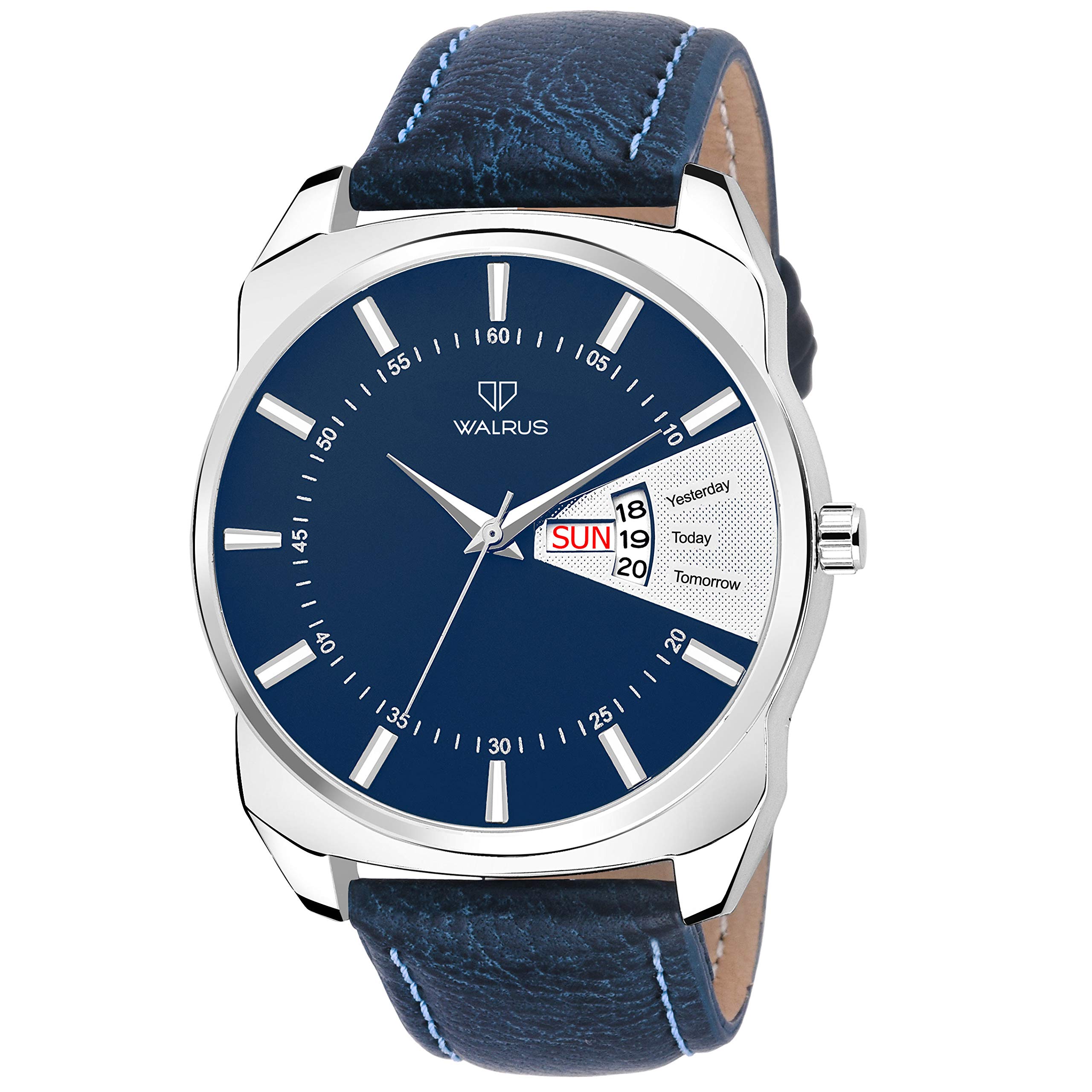 Walrus Blue Dial Analog Mens Watch | Blue Vegan Leather Strap | Day-Date Function | Silver Alloy Case | Professional & Casual Use- Old Money Style Mens Wrist Watch for Gift | 42mm (B089NWV6WD) Amazon Price History, Amazon Price Tracker