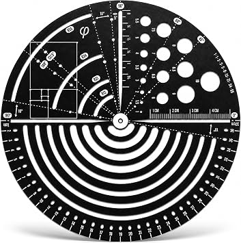 Golden Ratio Geometry Tool with Circle Stencil, Fibonacci Arc Guides and Stainless Steel Round Metal Card, 4.72 Inch for Drawing, Journaling and Planner Layouts