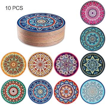 Cork Drink Coasters Vintage Boho Floral Colorful Cup Mats Set