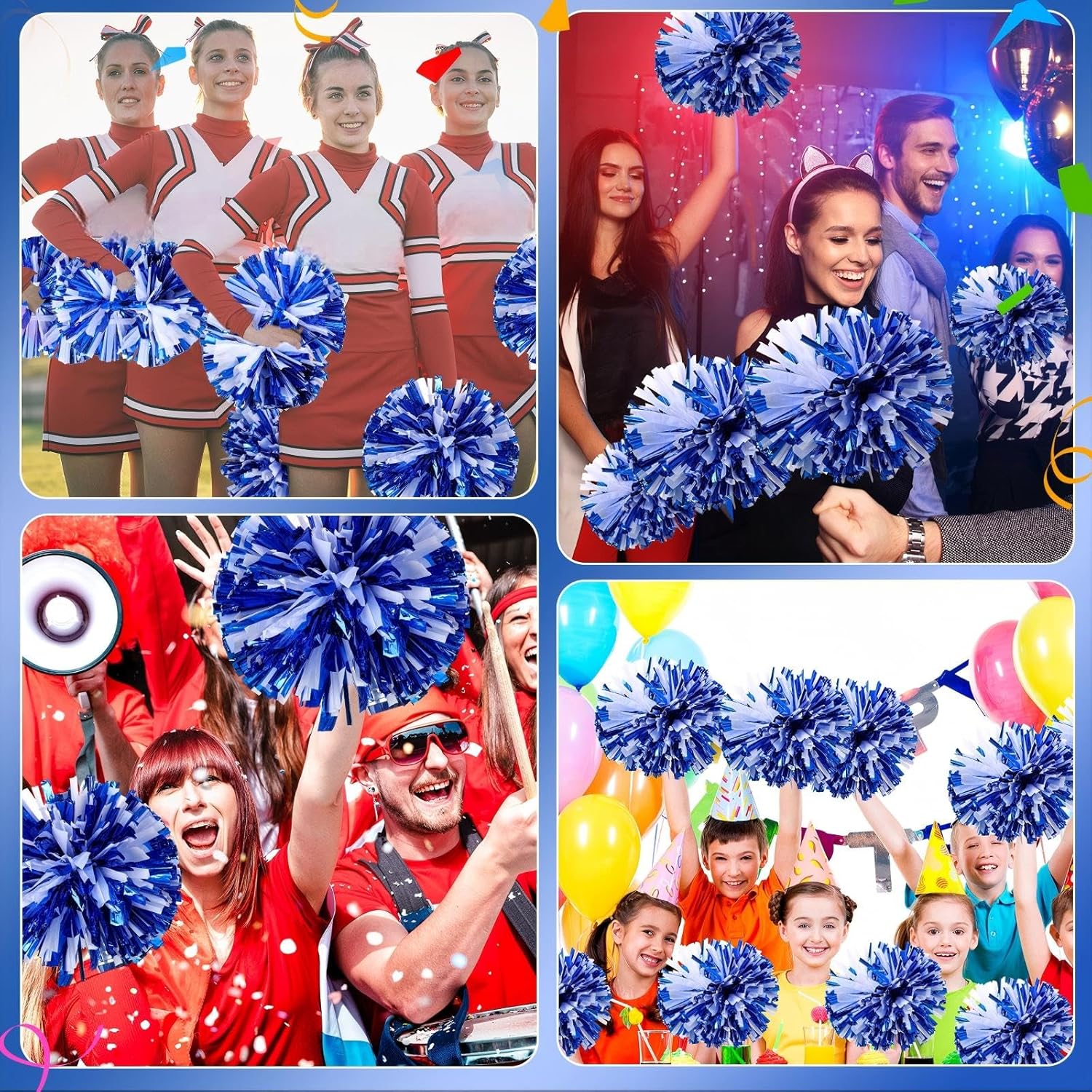 Yunsailing 24 Pack Cheerleading Pom Poms with Baton Handle 14.5 Inch Metallic Cheering Squad Pompoms for Team Sports Football Dance Cheering Adults(Blue and White)