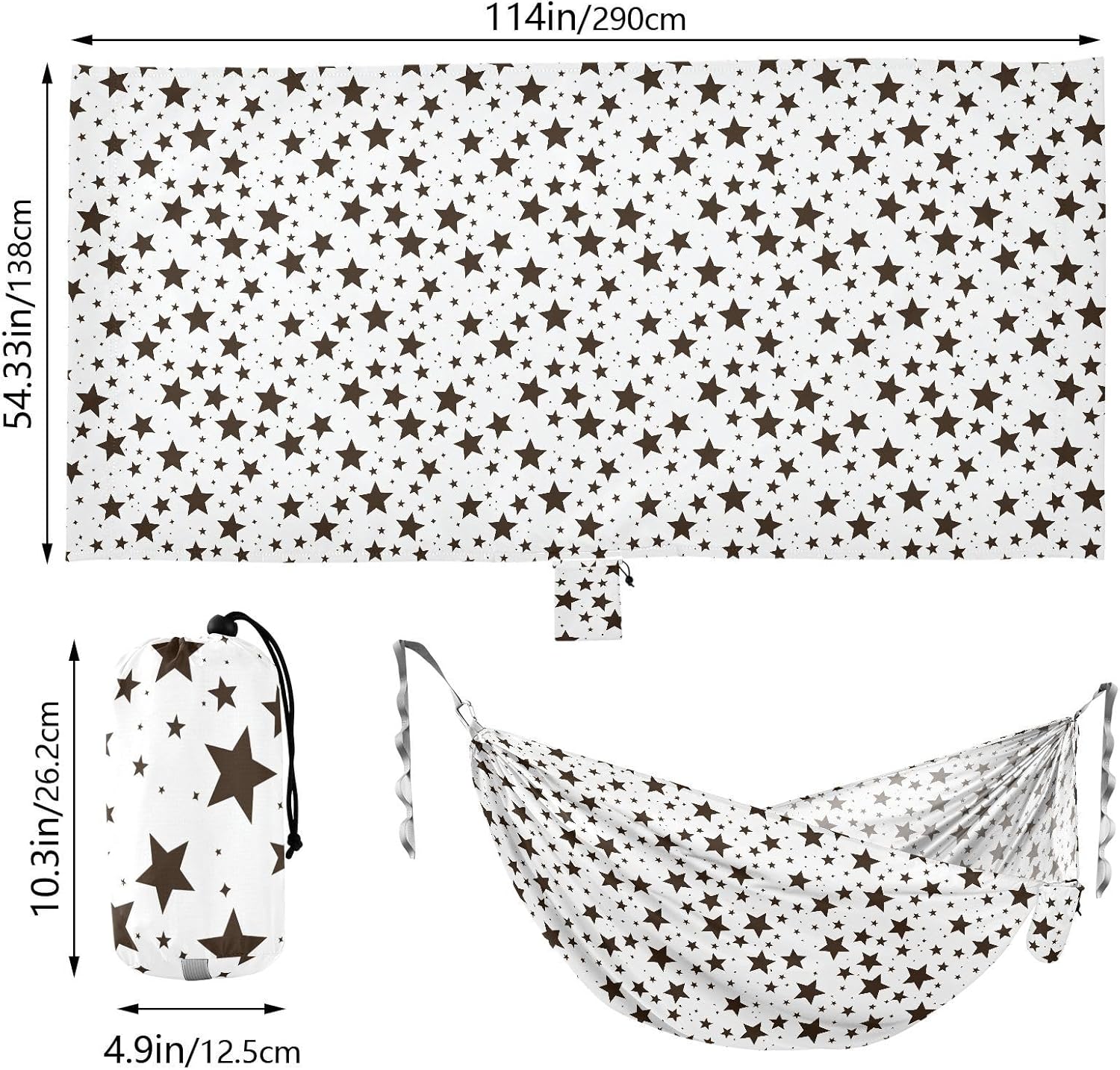 Black and White Illustration Design Stars Brown Hammocks for Camping with Tree Straps Backyard Hammock for Camping Travel Accessories