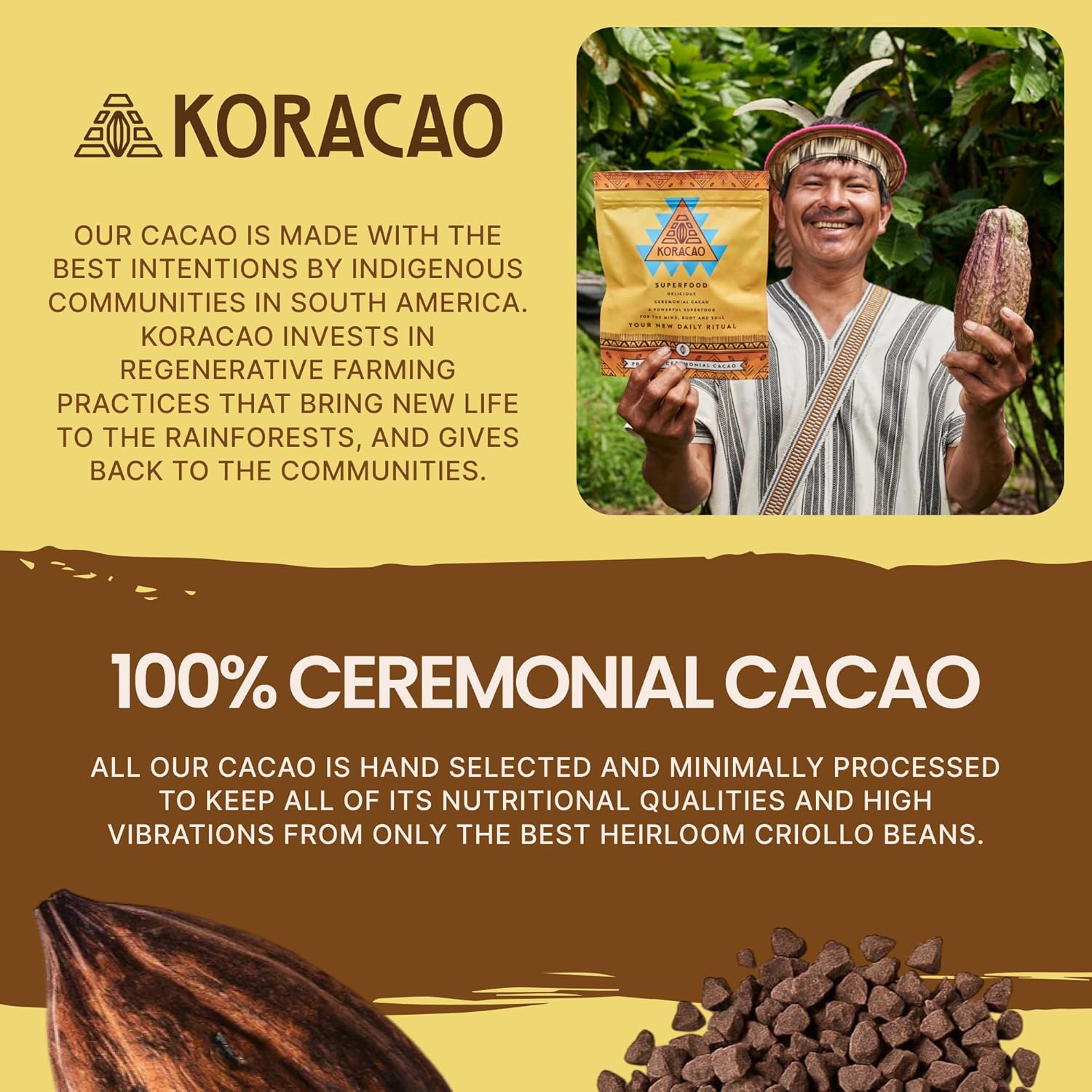 KORACAO Sustainably Harvested Cacao | Ideal Superfood for Everyday Bliss | Ceremonial Grade Cacao | Enhance Your Spiritual Journey with Ancient Superfood Delight - 1/2 Pound