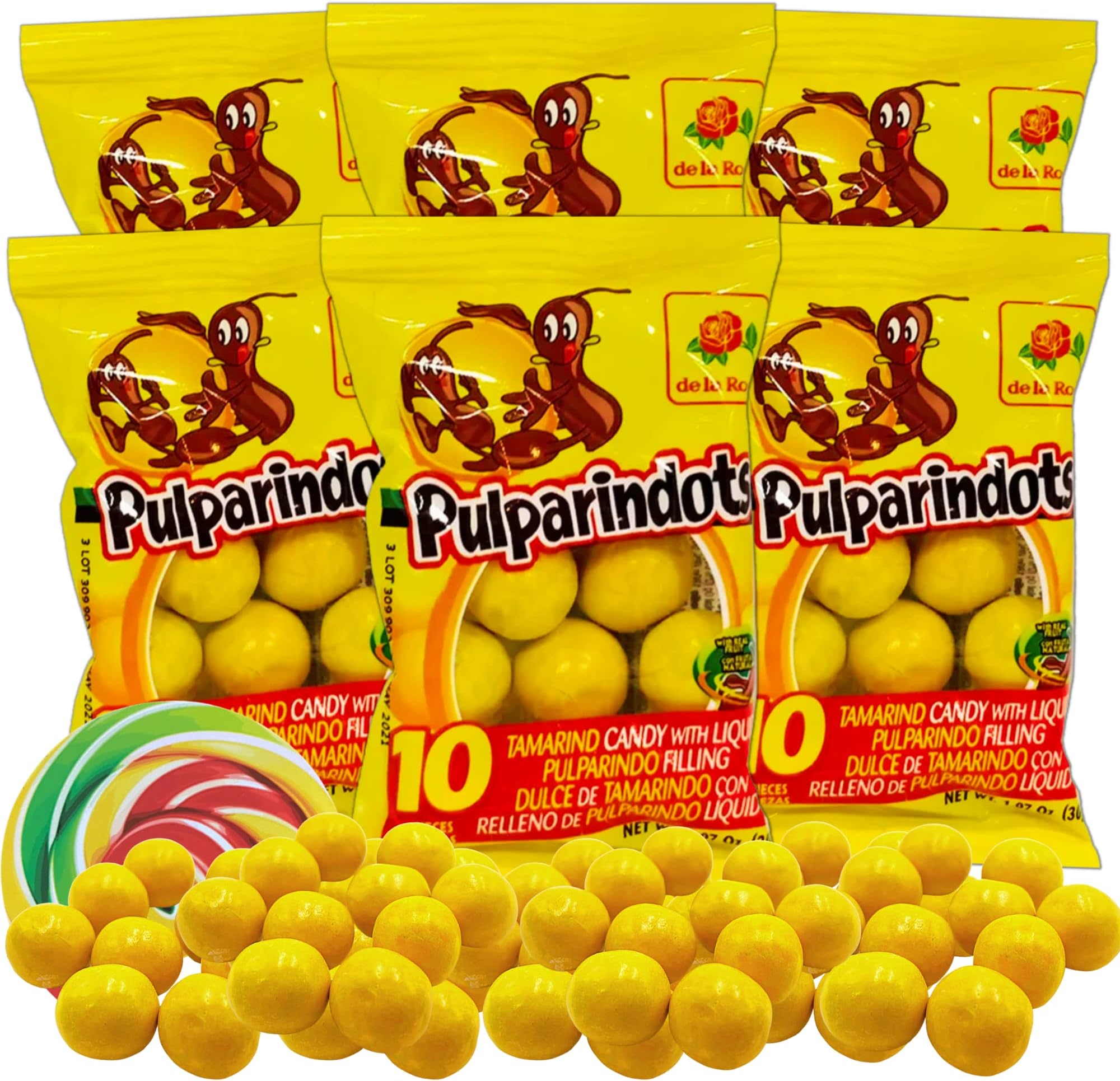Pulparindo Mexican Candy Sweet and Salty Tamarind Pulp Individual Single Serving On the Go Bags, Hard Shell Soft Candies Filled Center (Pack of 6)