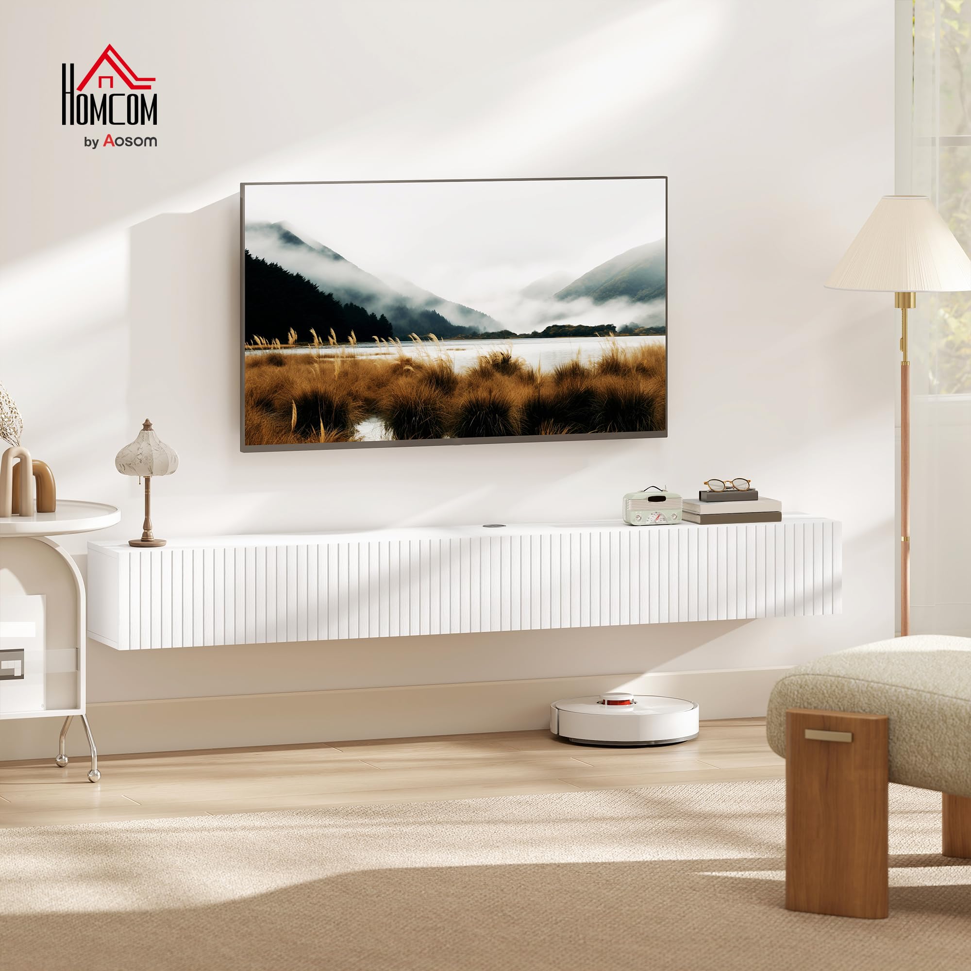 HOMCOM Meuble TV Suspendu 180 cm pour Téléviseur 72 Pouces Blanc | Meuble Télé, 2 Portes Cannelées Rabattables, Banc TV Mural Flottant, Salon, Chambre à Coucher