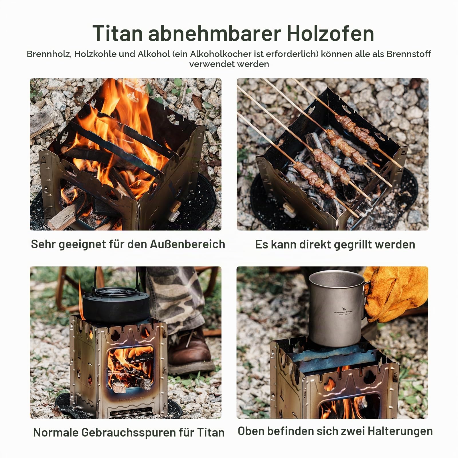 iBasingo Titan Herd Camping Kocher Holzofen Tragbarer Brenner Outdoor Abnehmbare Bushbox mit Topflappen Leichter Lagerfeuer BBQ Holzkohlekocher Fester Alkoholerhitzer Picknick Küchen Kochset Ti2008C