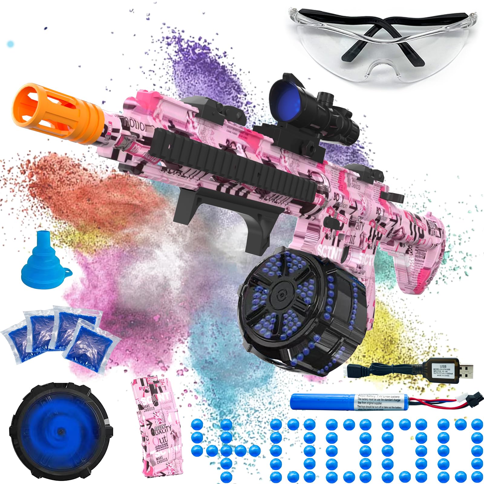 Electric Gel Ball Blaster, High Speed Automatic Splatter Ball Blaster with 40000+ Water Beads & Goggles, Rechargeable Splatter Ball Toys for Outdoor Shooting Game Party Favors-Pink
