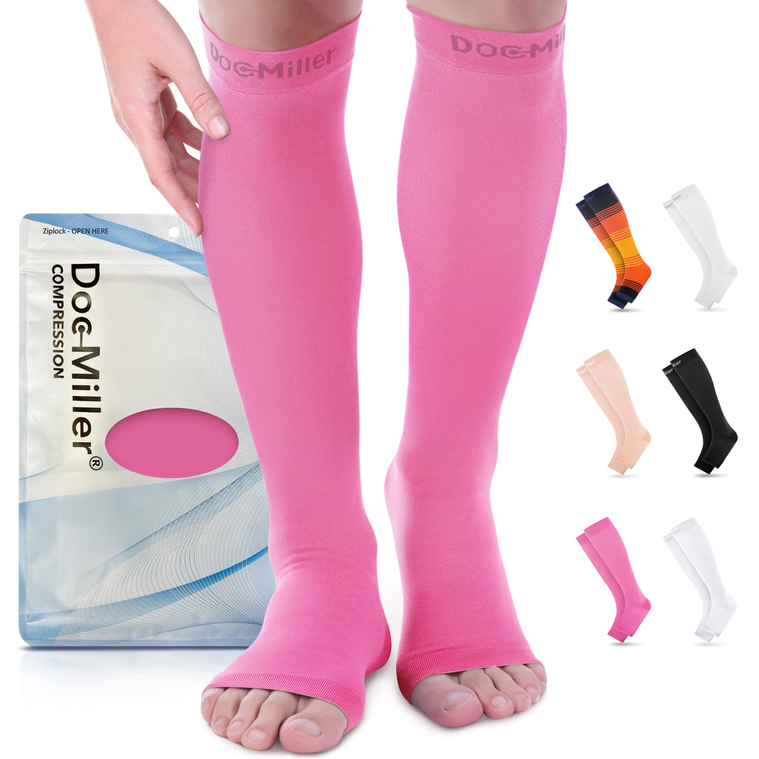 Doc Miller, Open Toe Compression Socks, 8-15 mmHg, Toeless, Support Circulation, Shin Splints, Calf Recovery, Varicose Veins, Knee High, Medical Grade