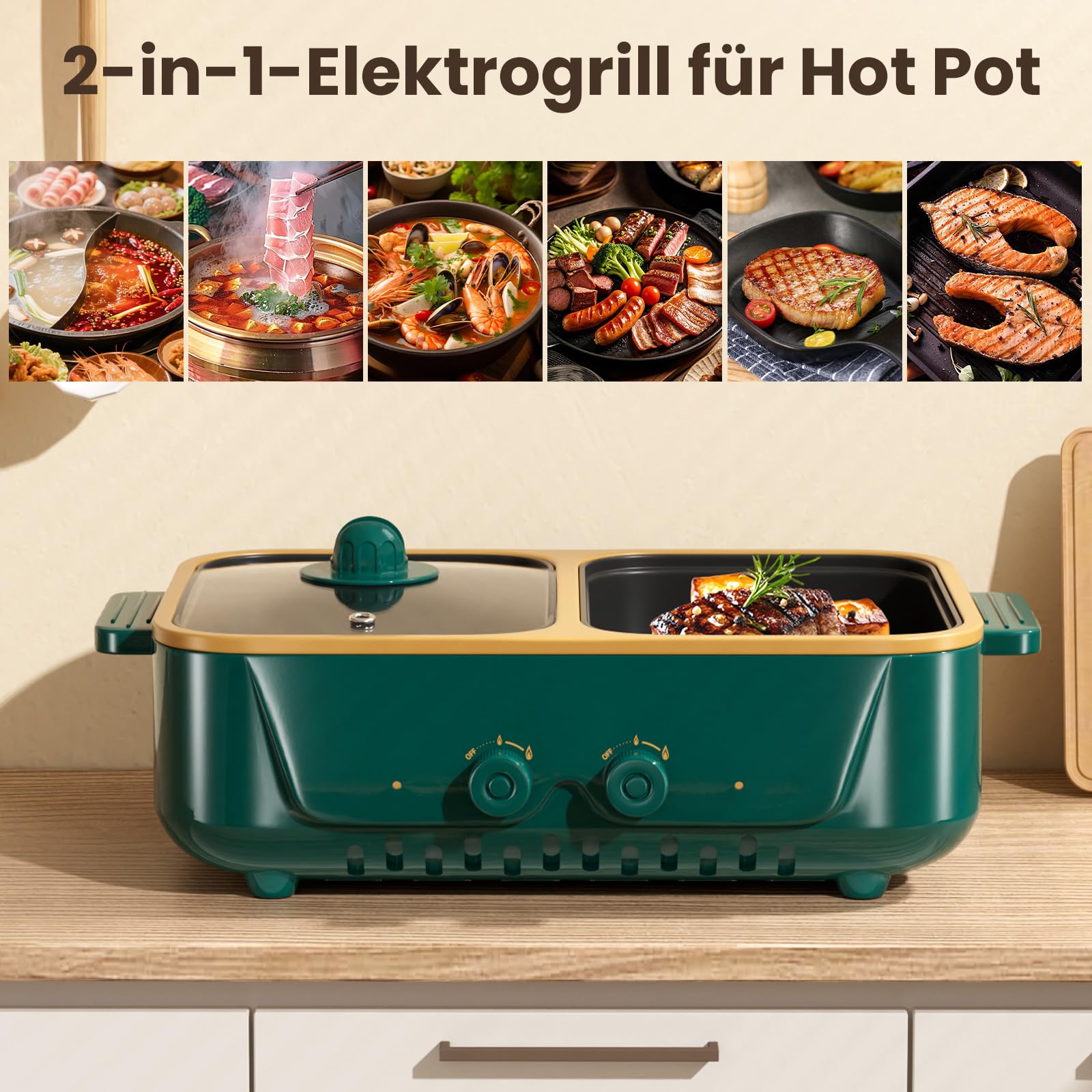 Combinazione di pentola elettrica e grill 2 in 1,1000W doppio controllo della temperatura, riscaldamento rapido - Elettrodomestico da cucina per interni per barbecue, noodles e altro (Verde K)