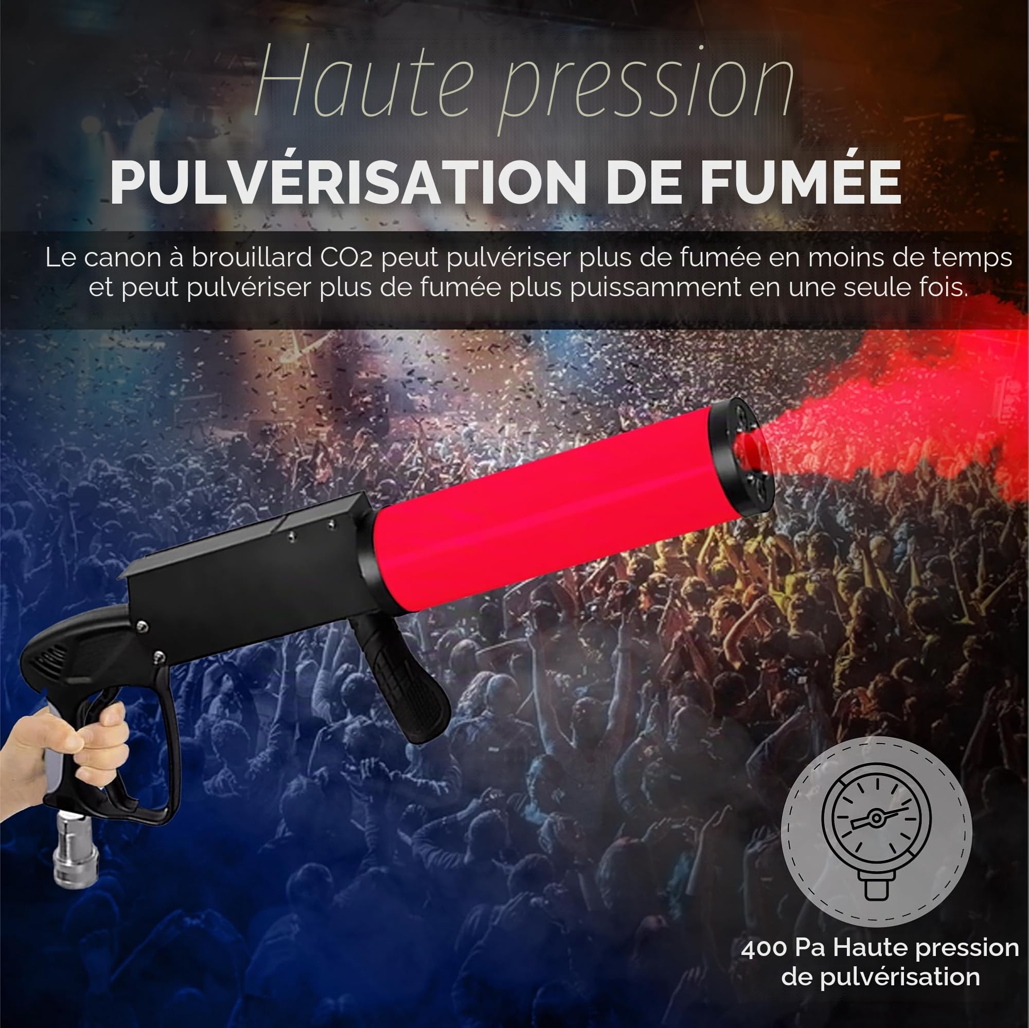 Pistolet à CO2 pour fête avec une portée de 6m | Câble de 3m + Tuyau de sortie sans givre | Canon/Pistolet DJ CO2 de haute qualité | Convient pour DJ, club, scène, et la mise en scène | Jet Machine