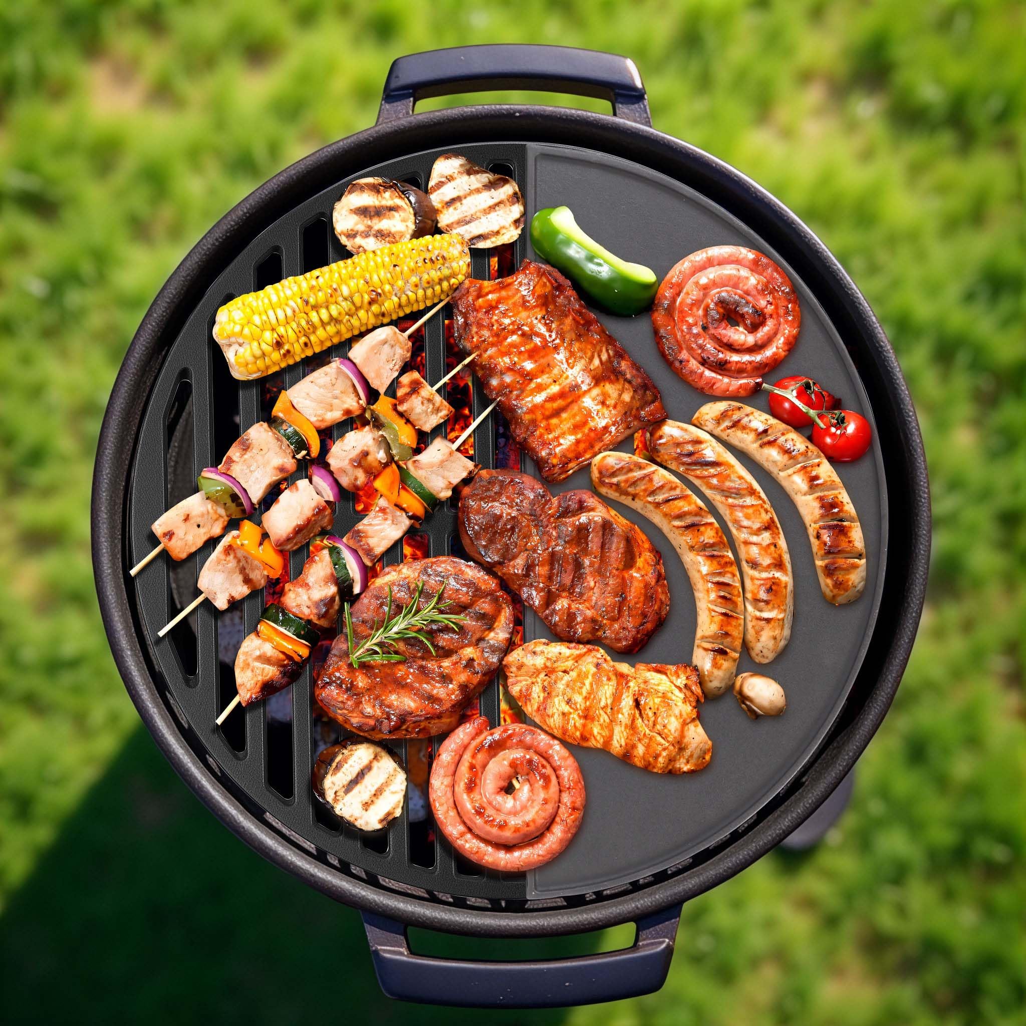 Wiltec Set 1x parrilla y 1x plancha semicirculares de hierro fundido 55 x 26,5 x 0,9 cm para barbacoa, barbecue, BBQ, para carnes, pescados y verduras, fácil de limpiar
