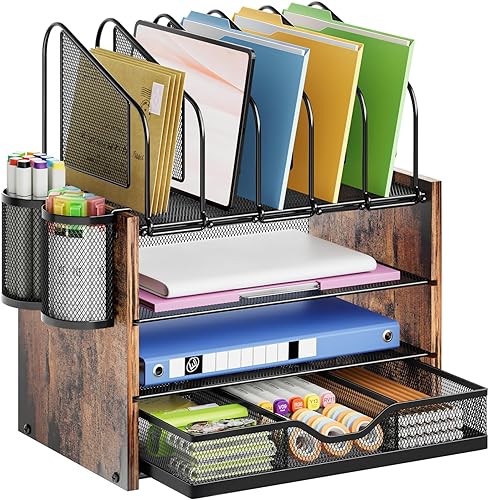 Marbrasse Organizador de escritorio con cajón, organizador de archivos de madera de 4 niveles con 5 soportes verticales para archivos y 2 soportes