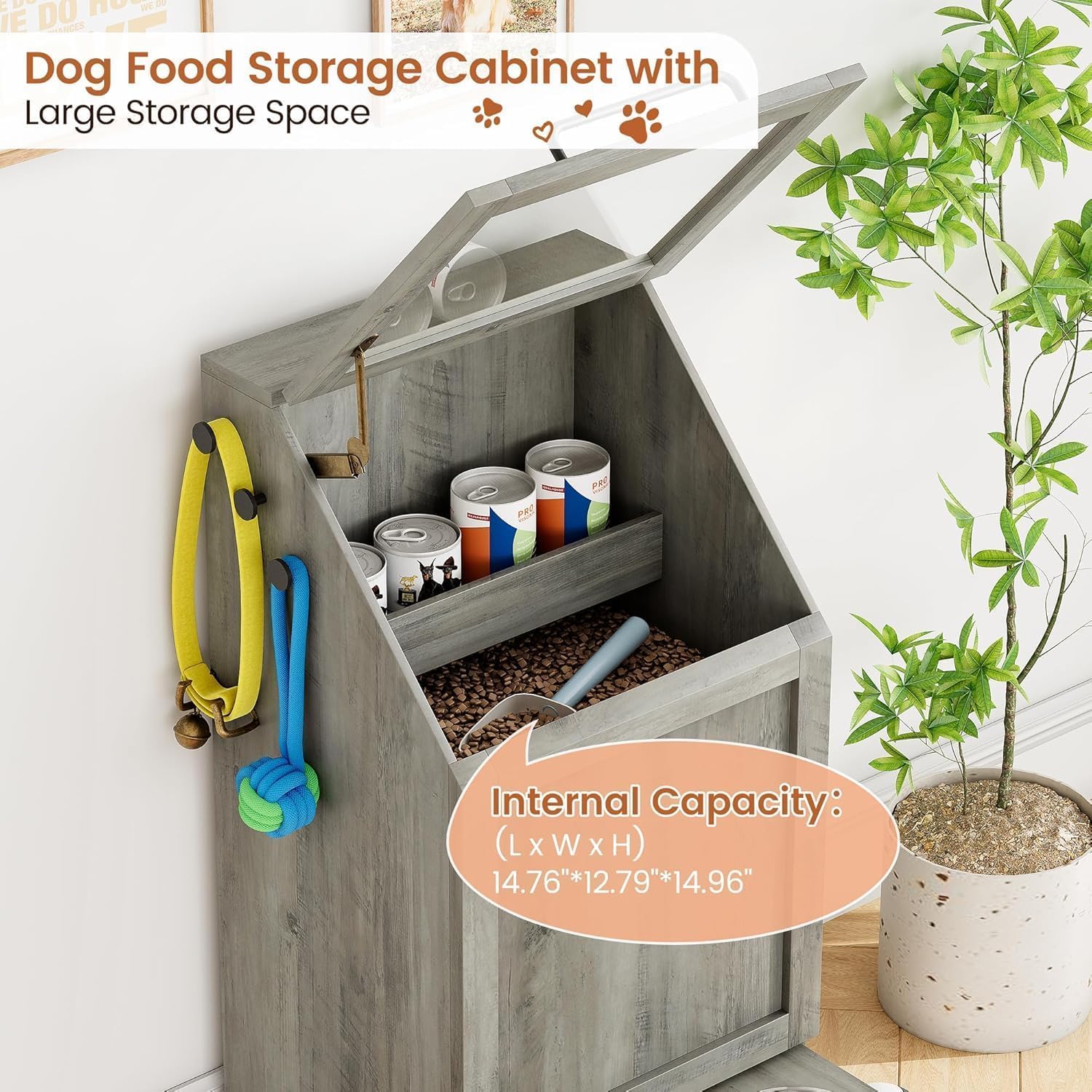 IDEALHOUSE Estación De Alimentación para Perros con Armario De Almacenamiento 11kg - Cuencos Elevados De Acero Inoxidable y Depósito Hermético con Tapa Abatible - Madera para Salón o Cocina (Gris)