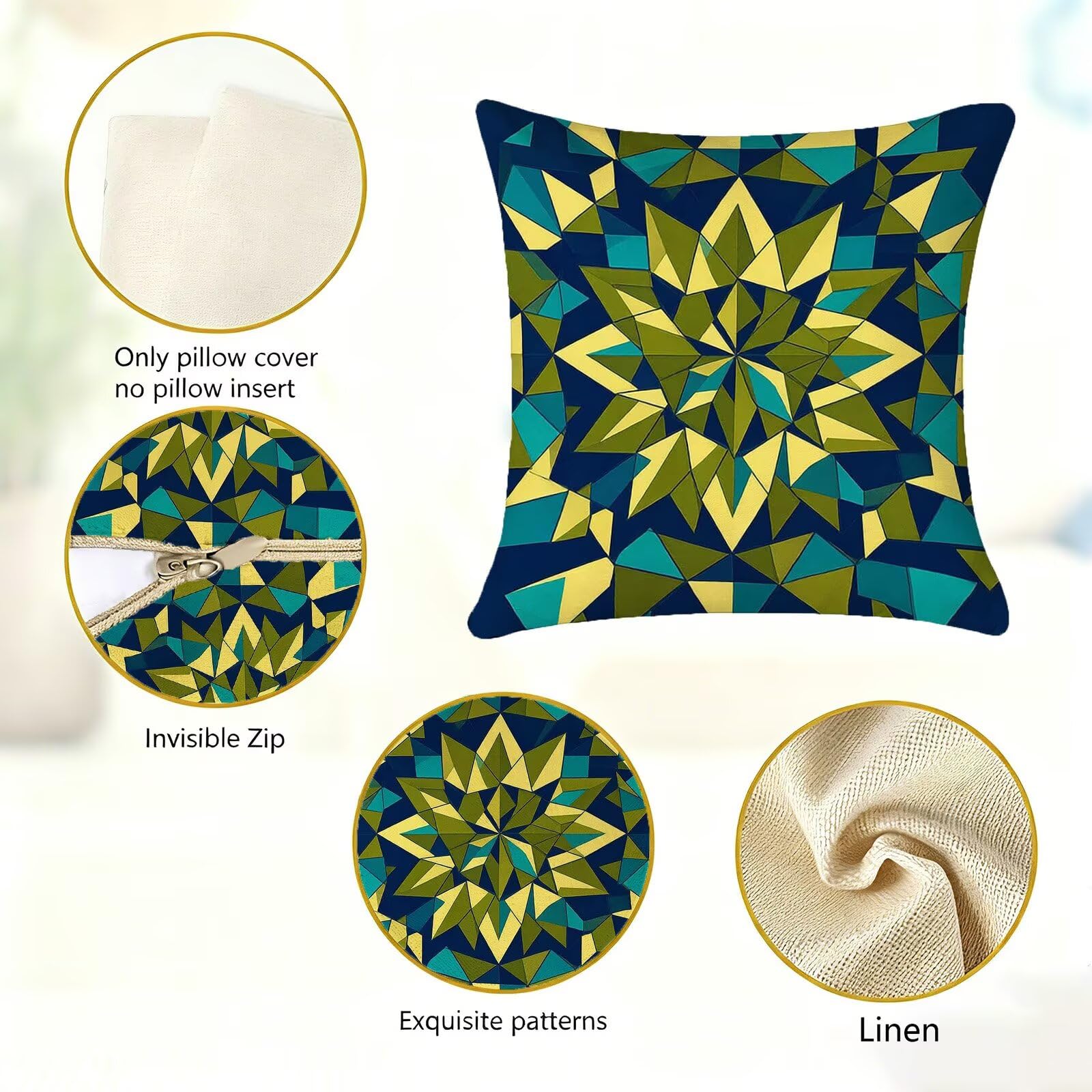 Verde Federe Cuscini Divano 60x60cm, Cuscini da Esterno Set de 4, Cod-53 | Lin Copricuscini Decorativi Letto Arredo, per Letto, Soggiorno, Giardino, Esterno, Casa Decorazione Set di 4 Geometria