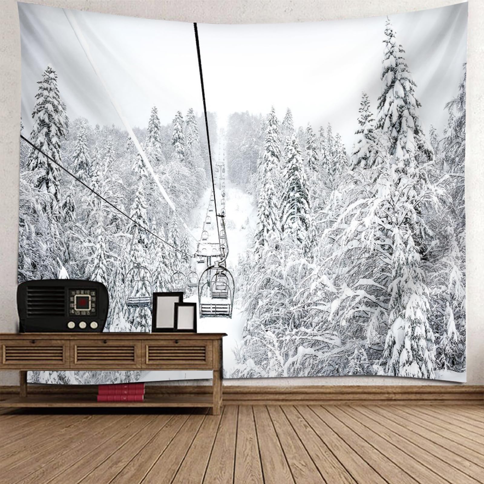 RDSGYZ Dywan ścienny do salonu, duży, 350 x 256 cm, zasłona ścienna do użytku na zewnątrz, motyw gór, lasu i kolejki linowej, dekoracja ścienna do pokoju dziecięcego, sypialni