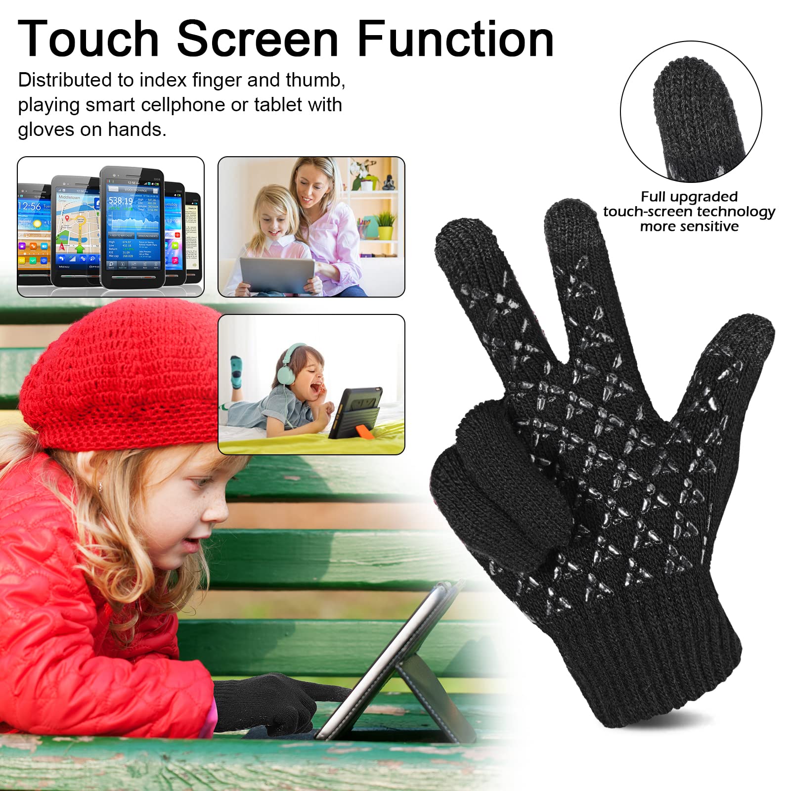 3 Pares de Guantes Cálidos de Invierno para Niños, Forro polar Térmico Elástico para Pantalla Táctil Guantes de Punto con Dedos Completos Mitones, para Niños de 4 a 8 años Niñas y Niños