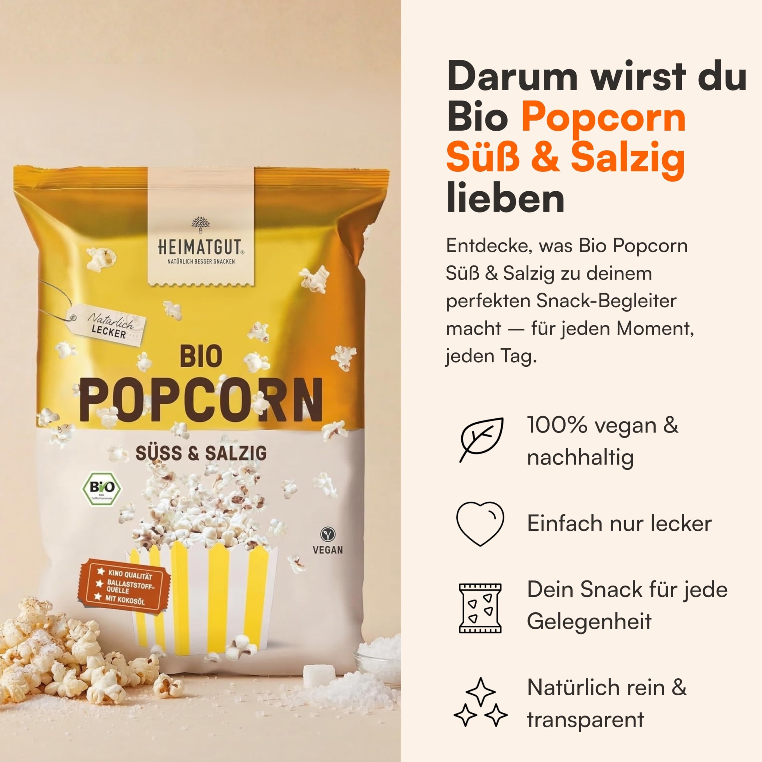 HEIMATGUT® Bio Vegan Popcorn Süß & Salzig | Premium Butterflycorn Popcorn-Mais | Mit Bio Kokosöl | Ohne Butter & Palmöl | Glutenfrei | Veganer Snack ohne künstliche Zusätze | 10 x 90 g