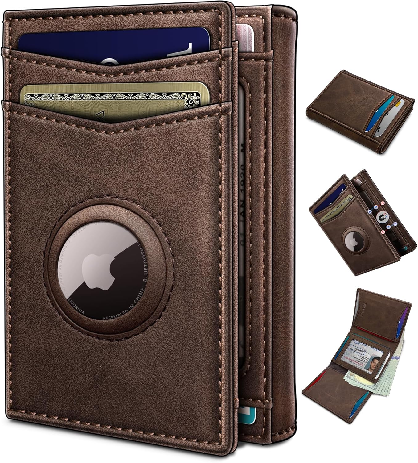 Airtag Wallet for Men,with Cash Pocket 2 ID Window 14-16 Cards Magnetic Closure Slim Trifold Leather Wallet 4.0"x3.1", RFID Blocking Front Pocket Wallet with Gift Box