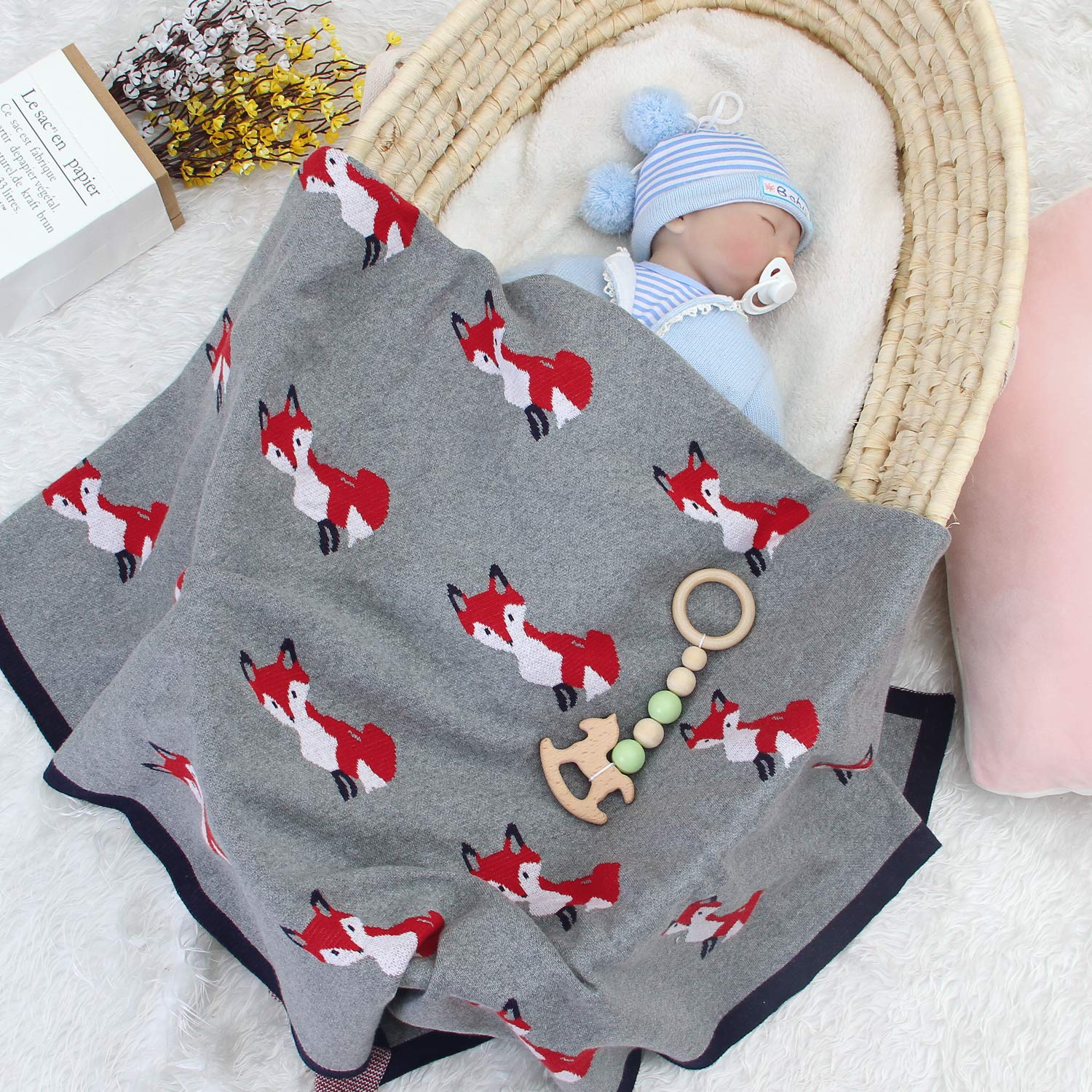 DovFanny Baby Blanket 100% Cotton Cute Cartoon Fox Knit Soft Cozy Lightweight Warm Blanket for Newborn Baby 80×100 cm Grey - Image 3