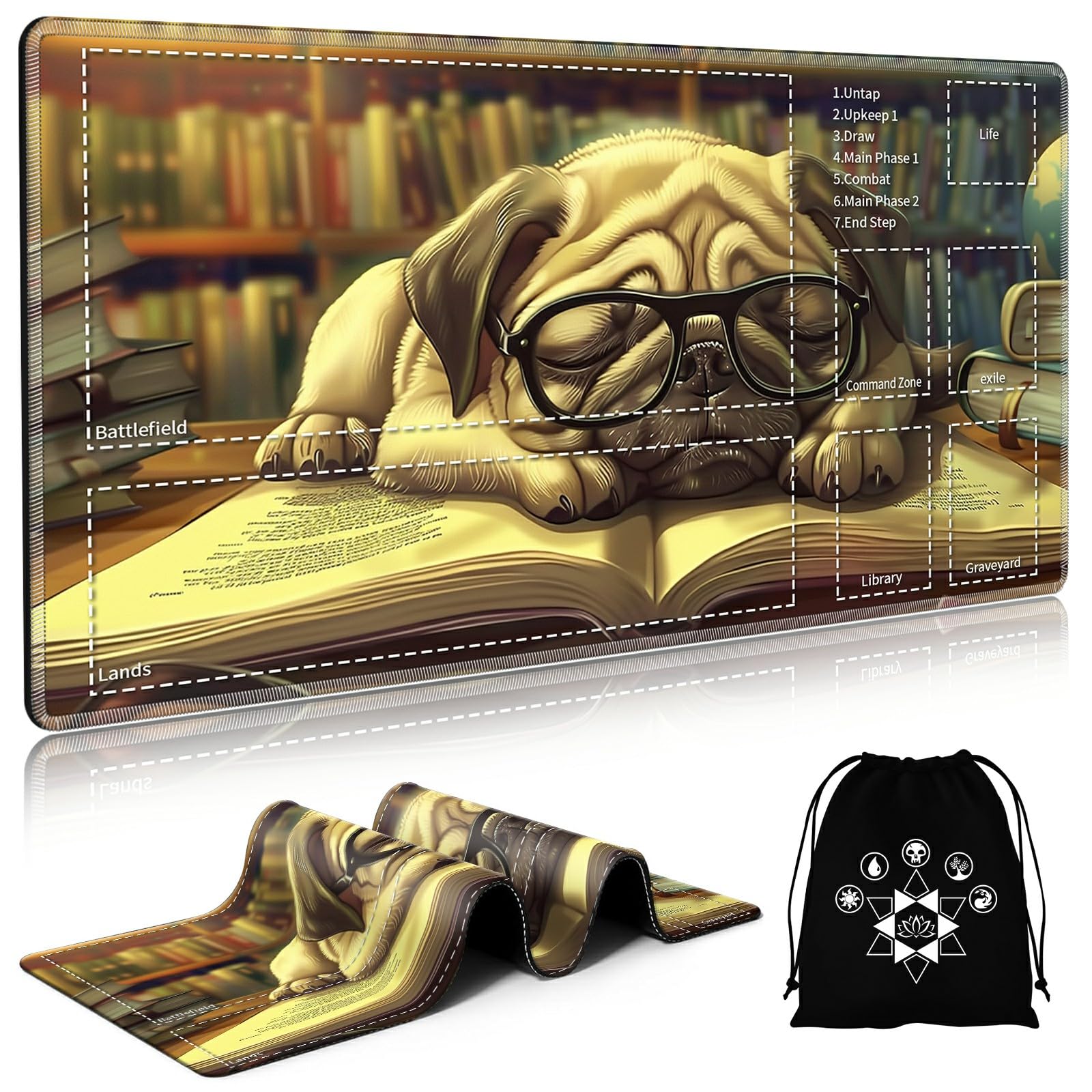 Tappetino da gioco per carte MTG/TCG con borsa per riporre le carte, superficie liscia base in gomma antiscivolo 61 x 35,6 cm, per gli amanti dei giochi di carte TCG tappetino da gioco [cane