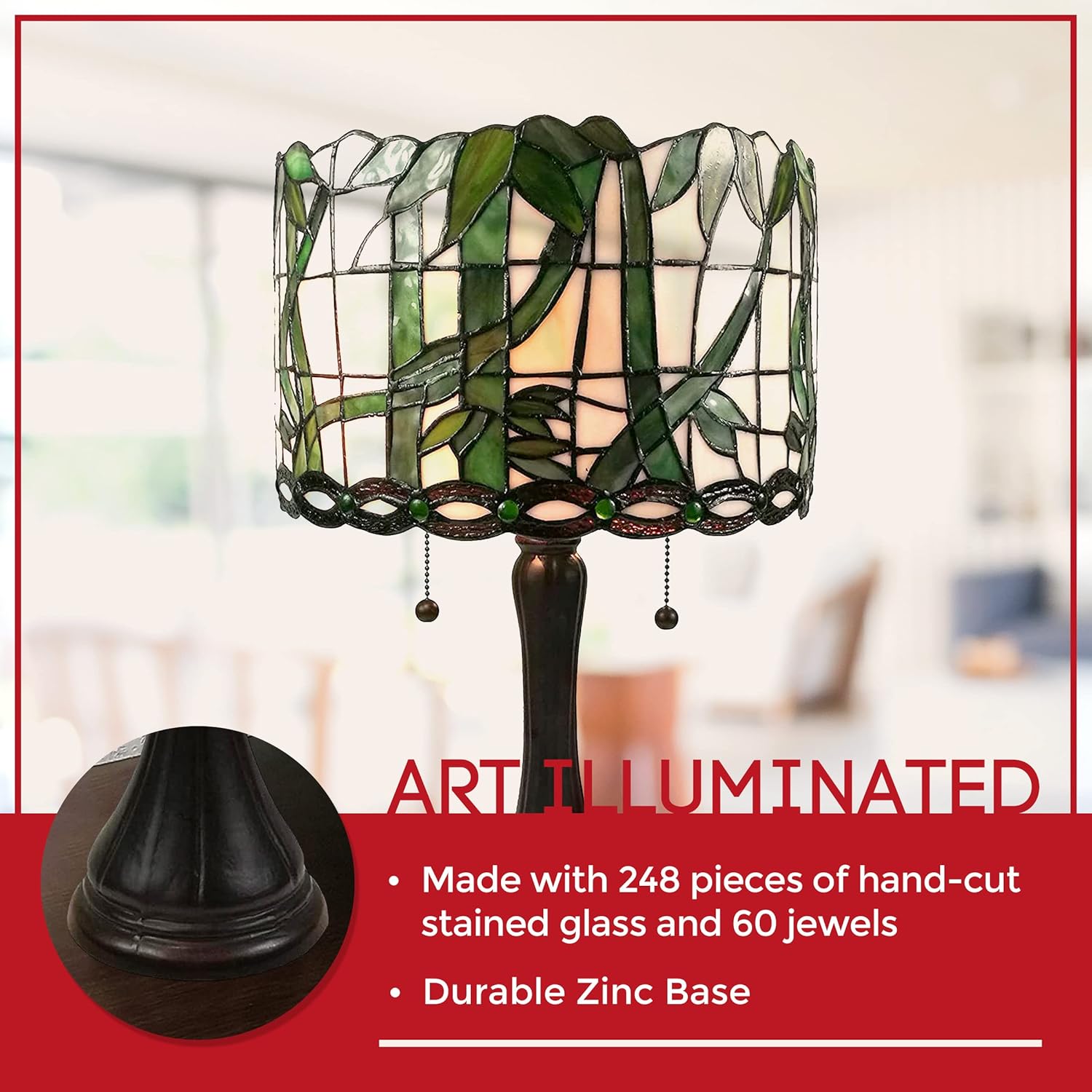 Amora Vintage Tiffany Table Lamp - Vines and Leaves Table Night Light - Green Glass Nightstand Lamp - 21” Tall Stained Glass Lamp