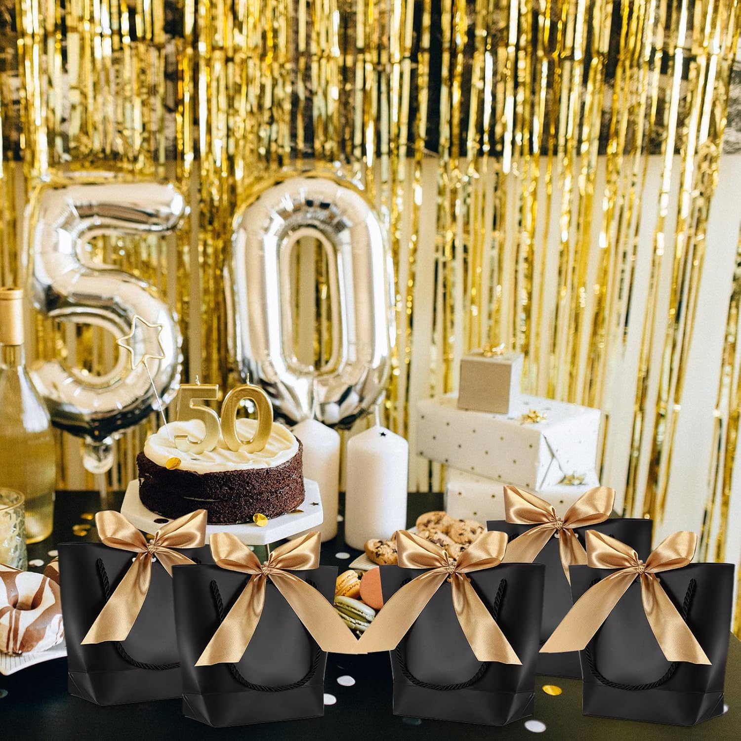 Sabary 50 Pack Black and Gold Gift Bags Bulk with Handles Mini Bridal Shower Gift Paper Bags with Bow Ribbon 8.3 x 6.7 x 2.8 Wedding Welcome Supplies for Guest Bridesmaid Birthday Holiday Party Favor